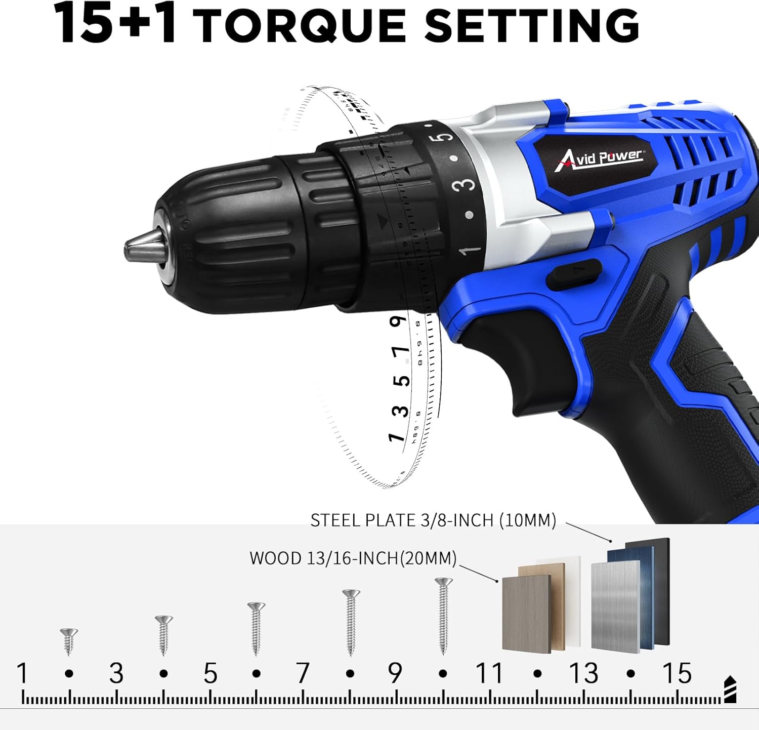 AVID POWER 20V MAX Lithium lon Cordless Drill Set, Power Drill Kit with Battery and Charger, 3/8-Inch Keyless Chuck, Variable Speed, 16 Position and 22pcs Bits (Blue)