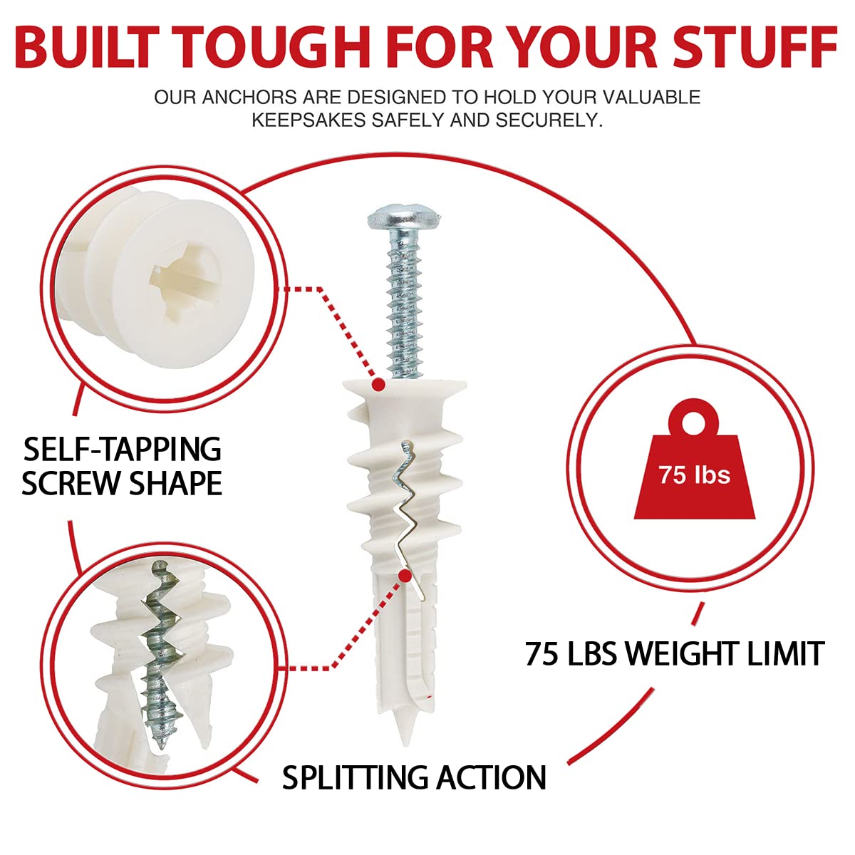 CrimsonMark 120Pcs #8 Self Drilling Drywall Anchors and Screws kit #8 x 1-1/4u201D- Superb Wall Anchors for Drywall, Holds Upto 75lbs u2013 No Drill Hole Required with These Dry Wall Screws and Anchors