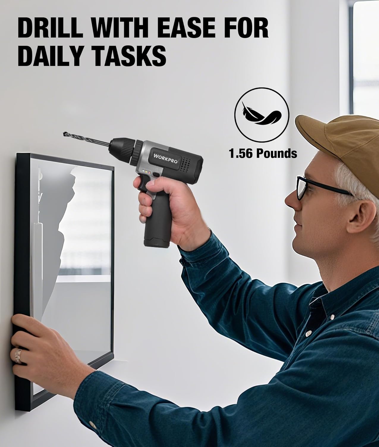 WORKPRO 8V Cordless Drill Set, 2Ah Electric Power Drill with 3/8'' Keyless Chuck, 15pcs Bits, Type-C Charging, Built-in LED and Variable Speed for Drilling and Screwing