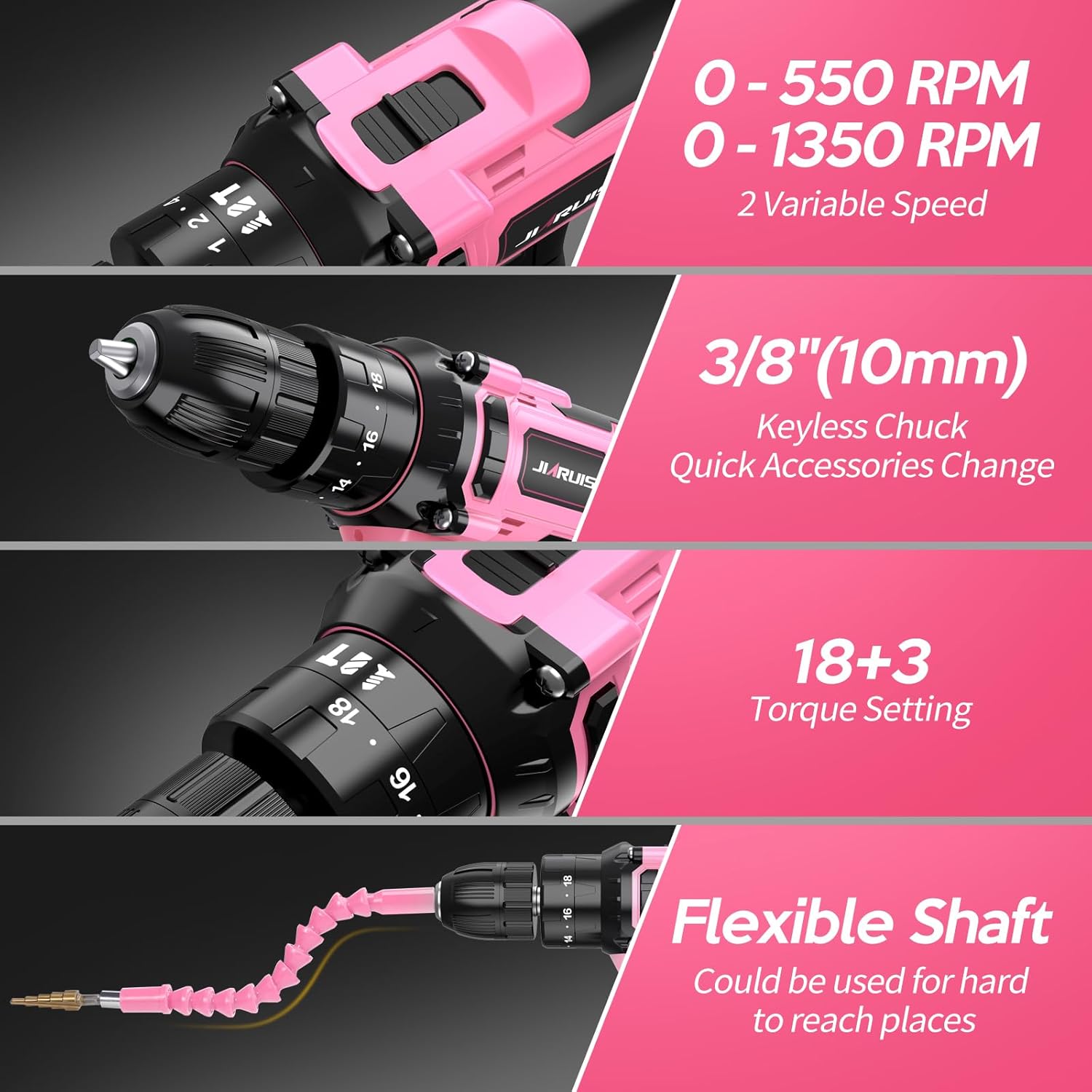 20V Cordless Drill, Electric Power Drill Set with Battery Charger and Carrying Case, 3/8u201D Keyless Chuck, 2 Variable Speed, 18+3 Torque, 72pcs Driver Bits and Belt Hook, Pink