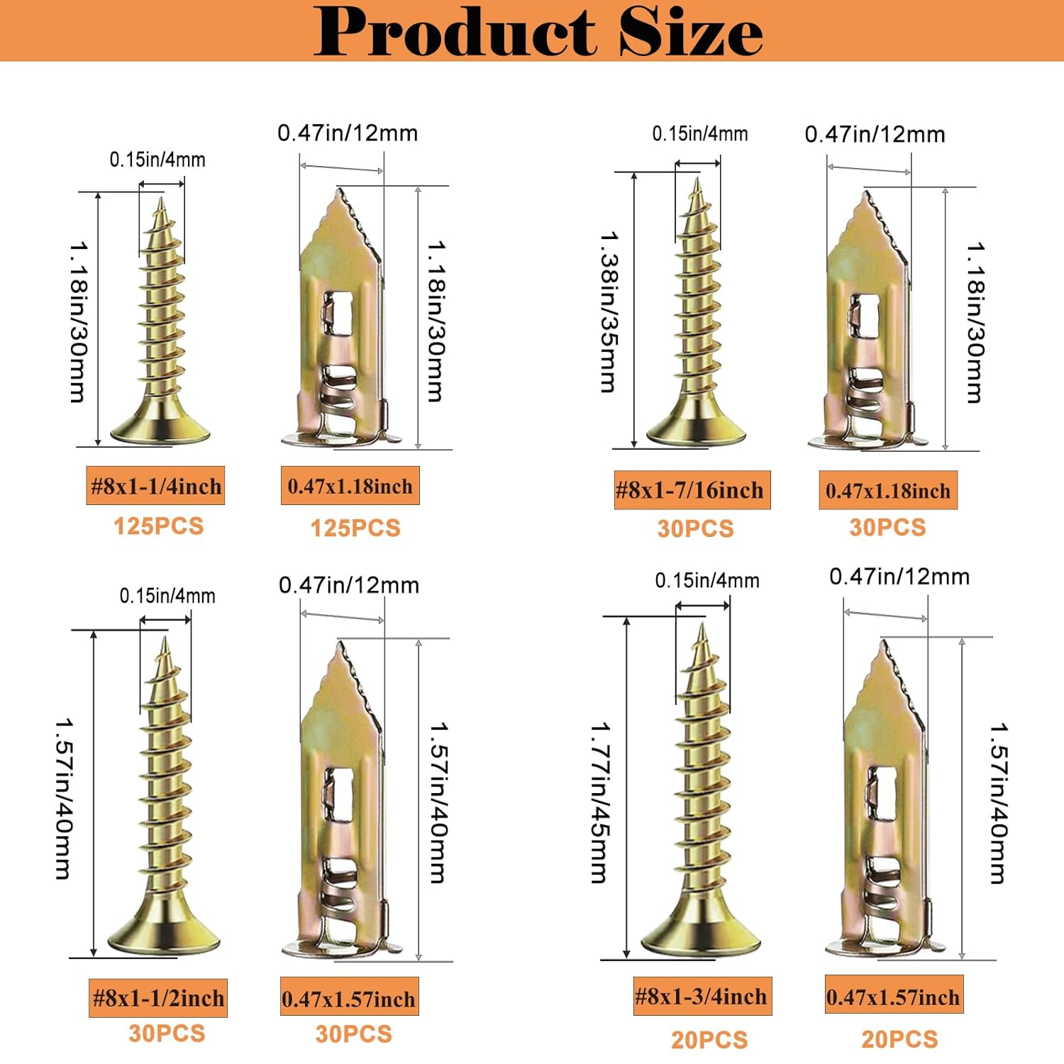 Sunxeke 410 PCS Self Drilling Drywall Anchors with Screws Kit - 2 Sizes Sheetrock Anchors & 4 Sizes Zinc Expansion Screws,2025 Upgraded Zinc Plated Steel,No Drill Needed, Holds Up to 66LB on Walls