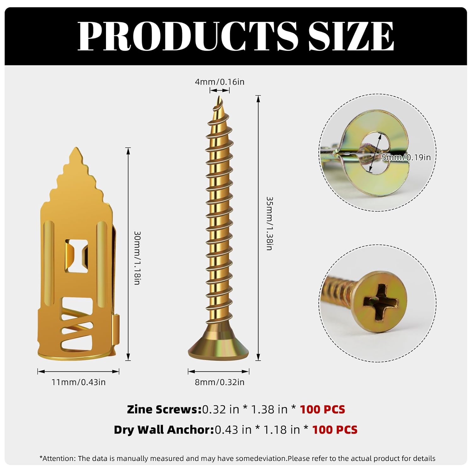 200 Pcs Self Drilling Drywall Anchors with Screws Kit, Metal Expansion Bolt for Drywall,No Drill Or Holes in Wall, Holds Up to 100lbs, for Tv, Shelves, Picture Frames