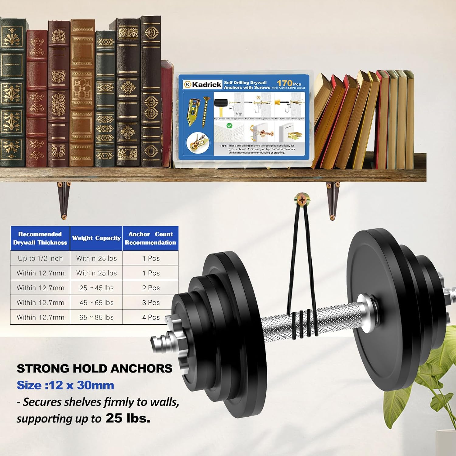 Kadrick 170Pcs Self Drilling Drywall Anchors with Screws,Zinc Plated Steel,2024 Upgraded Hollow Wall Anchors and Screws Kit, Easy Application No Drill or Holes in Wall(85 Anchors and 85 Screws) - Image 4