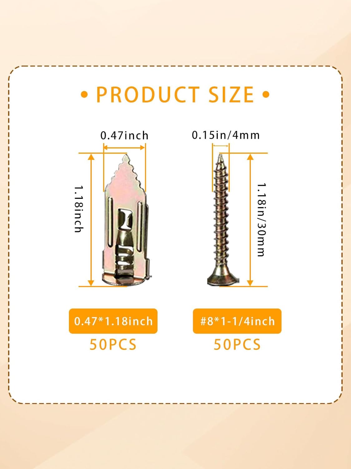 Self Drilling Drywall Anchors with Screws Kit 100Pcs- 50 Sheetrock Anchors 50 Zinc Expansion Screws New Upgraded Zinc Plated Steel No Drill or Holes in Wall,for Wall Hanging,Cabinets,Holds Up to 80LB