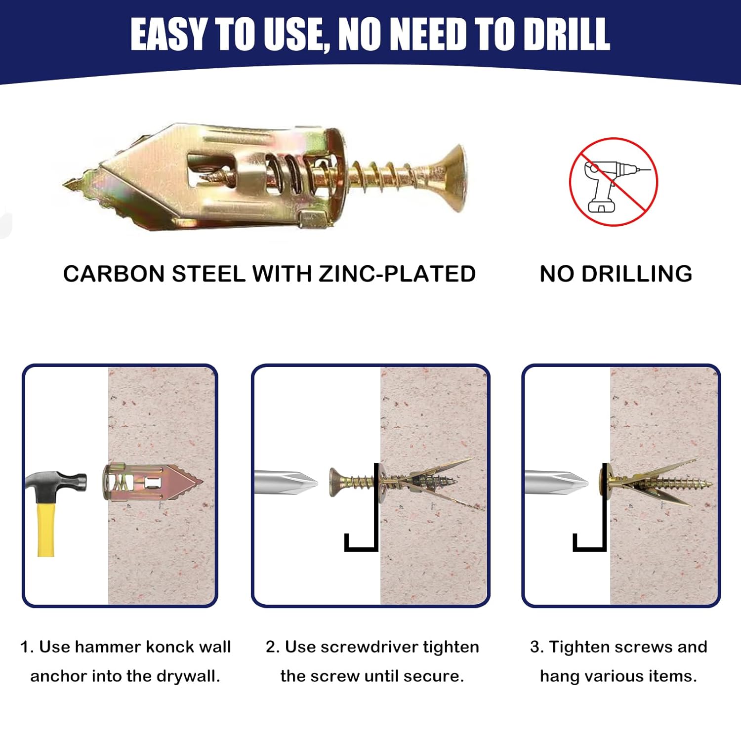 Maozaa 50 pcs Self-Drilling Drywall Anchors with Screws, 0.47x1.18 Inch Zinc Plated Steel Drywall Wall Anchors and Screws Kit Heavy Duty, Easy Application No Drill or Holes in Wall - Image 3