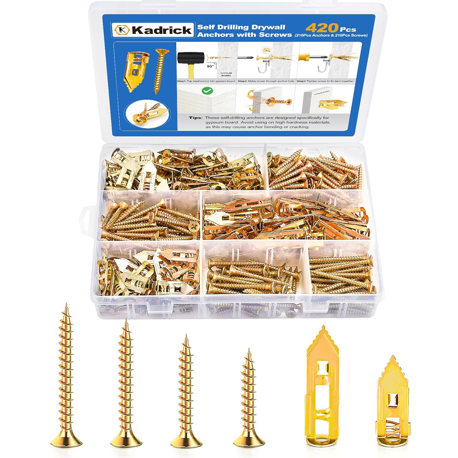 Kadrick 170Pcs Self Drilling Drywall Anchors with Screws,Zinc Plated Steel,2024 Upgraded Hollow Wall Anchors and Screws Kit, Easy Application No Drill or Holes in Wall(85 Anchors and 85 Screws) - Image 9