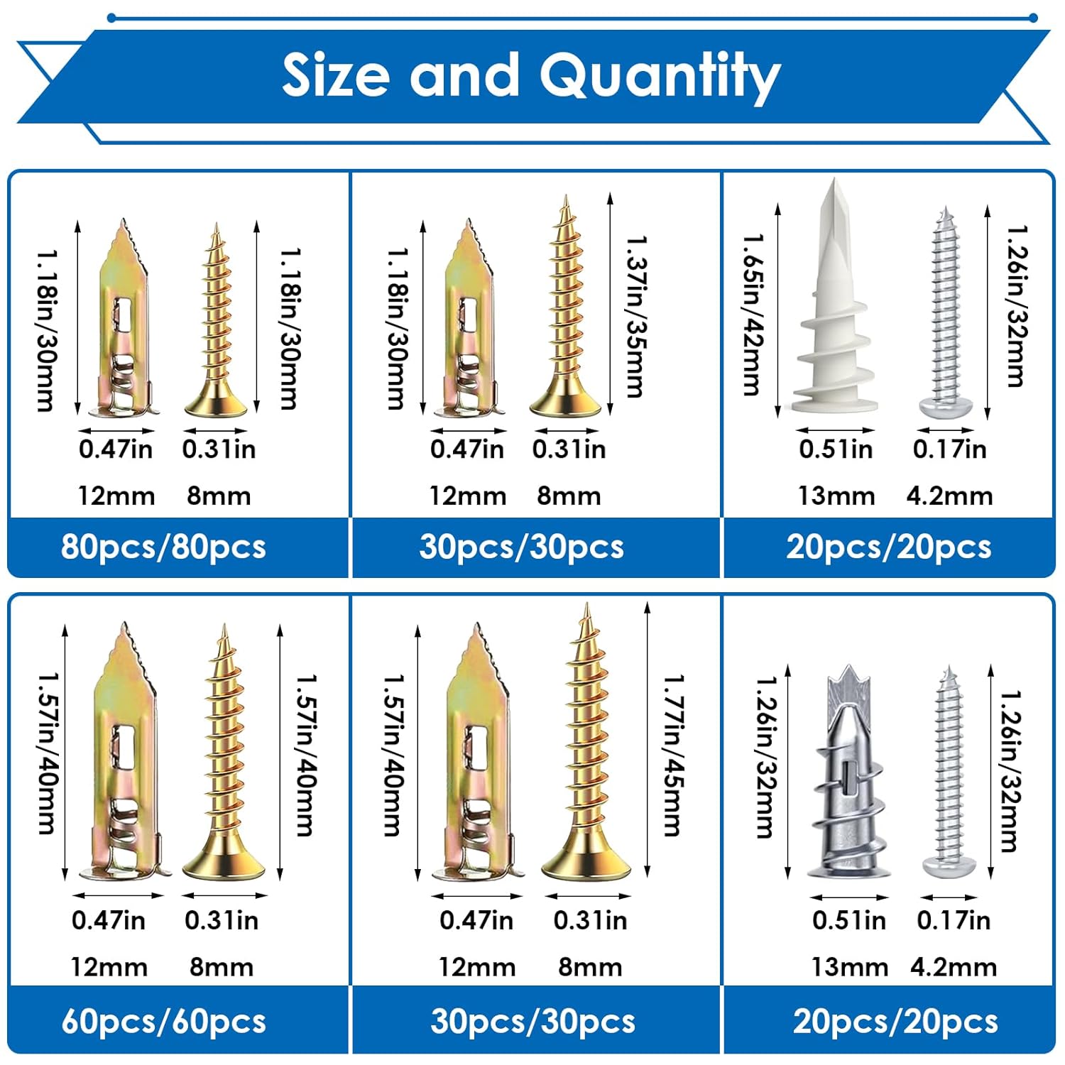 smseace 480Pcs Self Drilling Drywall Anchors 4-Sizes Zinc Plated Steel and Plastic Sheetrock Anchors and 5-Sizes Self Drilling Anchor Screws Used for Hanging Picture Frames, Curtains, Plants, Clocks