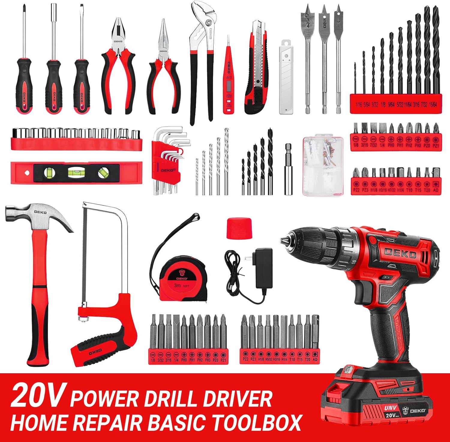 Red Drill Tool Kit Set: 20V Cordless Power Drill Tool Box with Battery Electric Drill Driver for Men Home Hand Repair Basic Toolbox Tools Sets Drills Case
