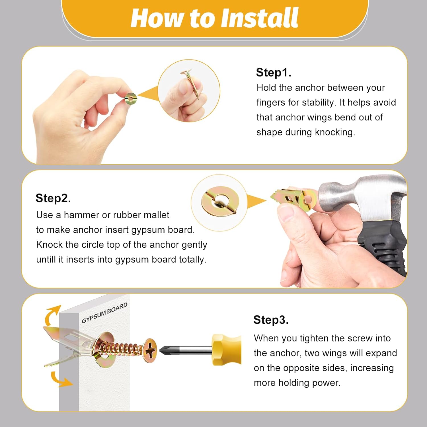 Kadrick 170Pcs Self Drilling Drywall Anchors with Screws,Zinc Plated Steel,2024 Upgraded Hollow Wall Anchors and Screws Kit, Easy Application No Drill or Holes in Wall(85 Anchors and 85 Screws) - Image 8