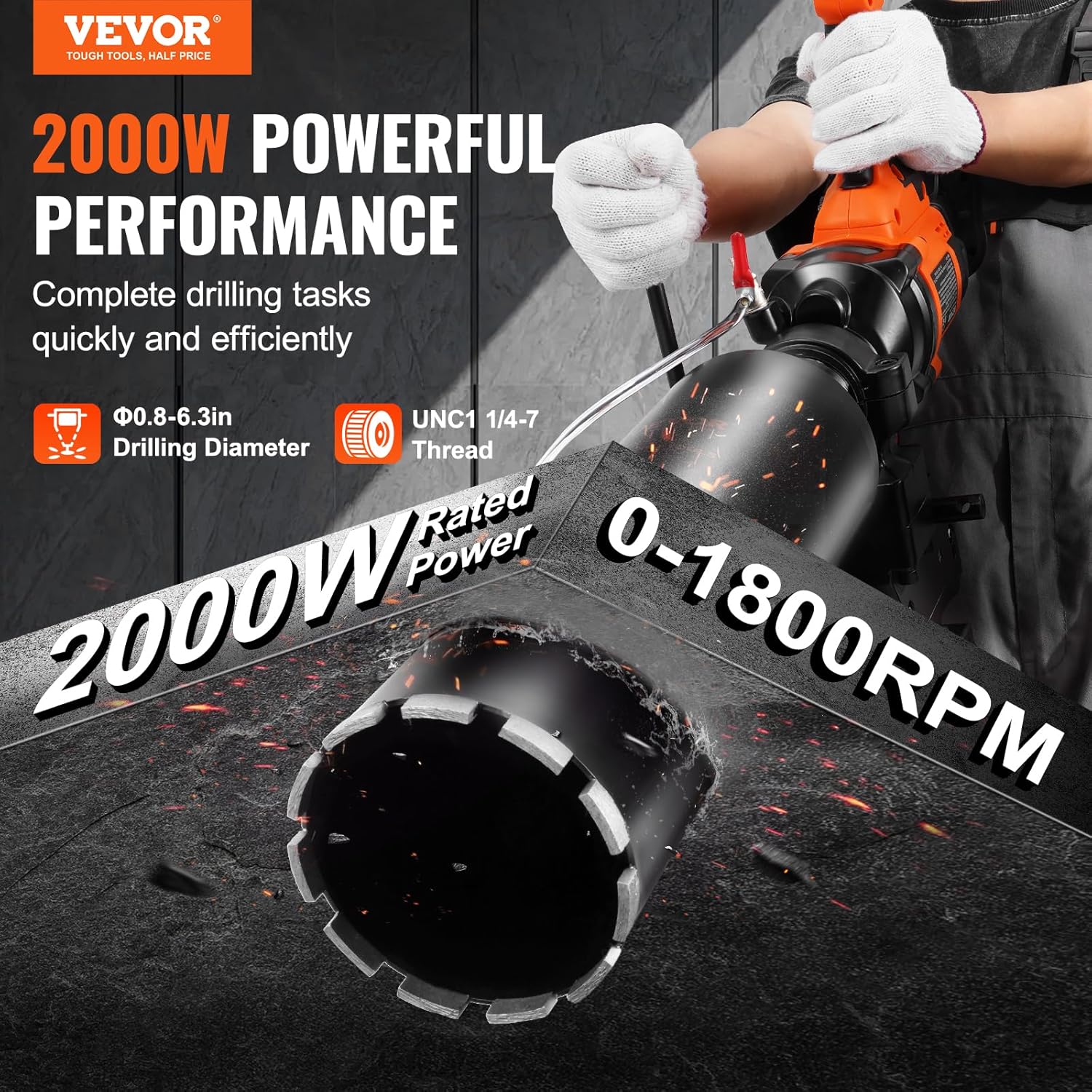 VEVOR 2 in1 Handheld & Stand-Mount Core Drill, 0.8-6.3in Drilling Diameter, 2000W Concrete Core Drill, Variable Speed, 220V, Hammer Drill