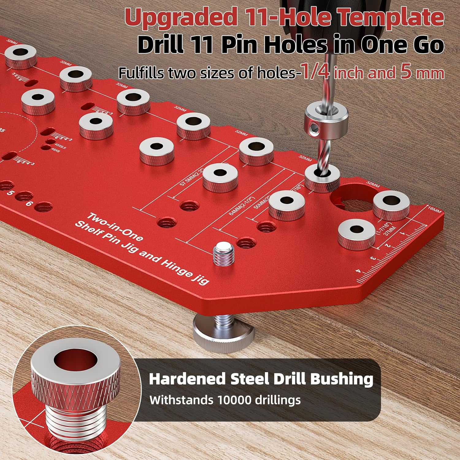 11-Hole Shelf Pin Jig and Hinge Jig 2-in-1,1/4 Inch and 5mm Shelf Pin Drilling Jig,Self-contained Clamping Function Shelf Jig and Cabinet Hardware Jig Tool Drill Guide