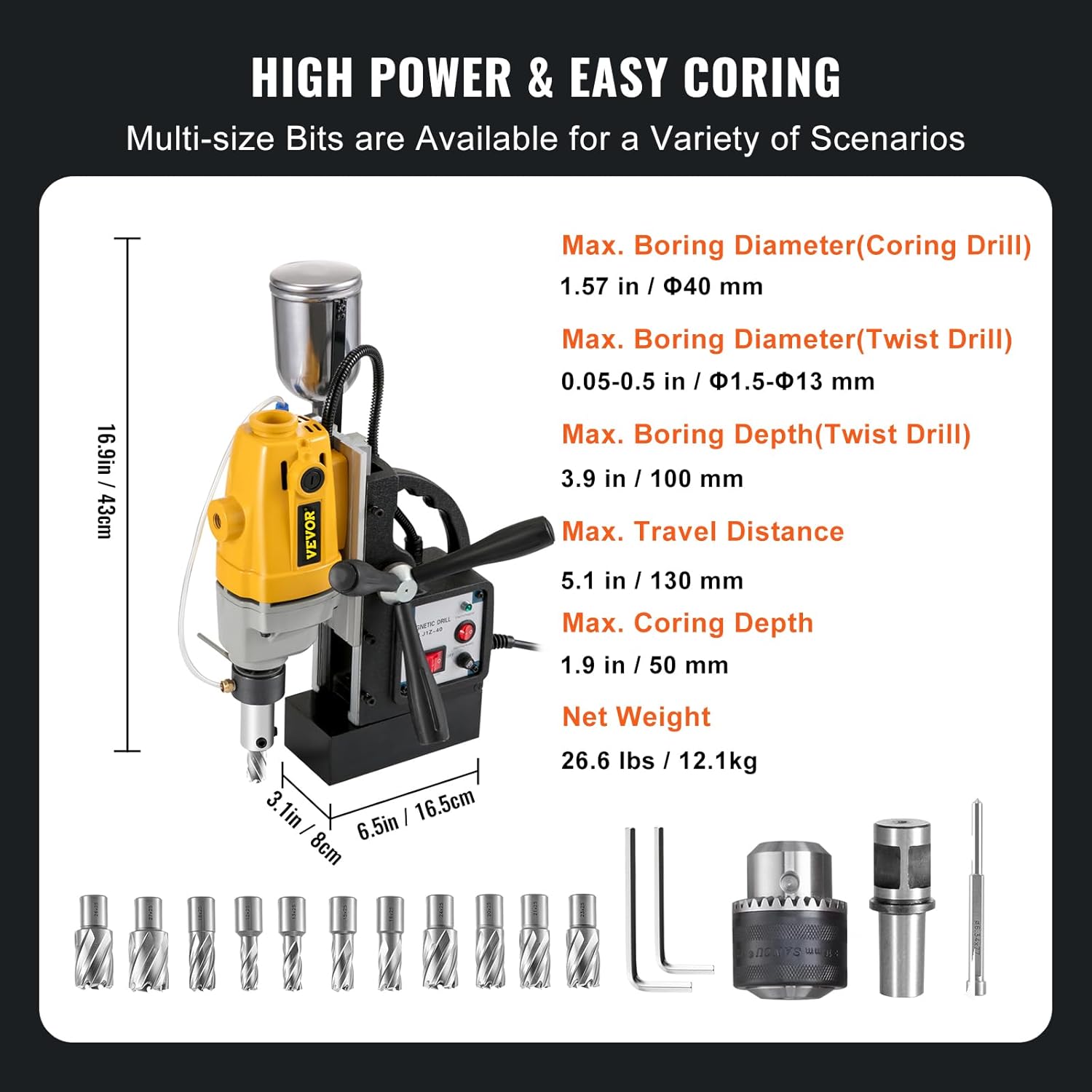 Vevor 1100W Magnetic Drill Press with 37257 Inch (40mm) Boring Diameter MD40 Magnetic Drill Press Machine 2810 LBS Magnetic Force Magnetic Drilling System 550 RPM with 11 Pcs HSS Annular Cutter Kit