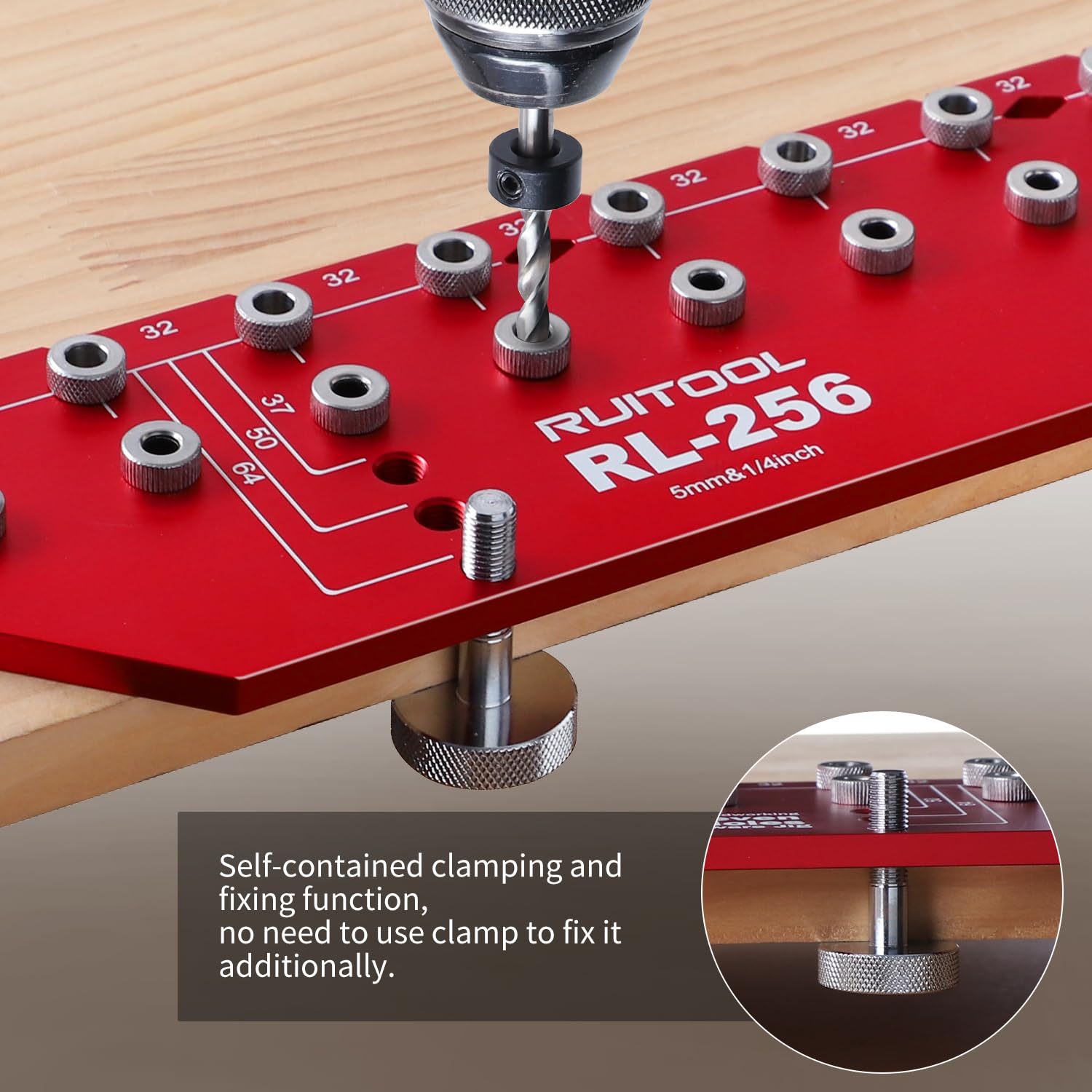 RUITOOL Shelf Pin Jig 11 Holes, Self-contained Clamping Function All Metal Shelf Pin Drilling Jig with 1/4" and 5mm Drill Bit, Shelf Hole Jig and Cabinet Hardware Jig Tool Drill Guide with Storage Bag - Image 3