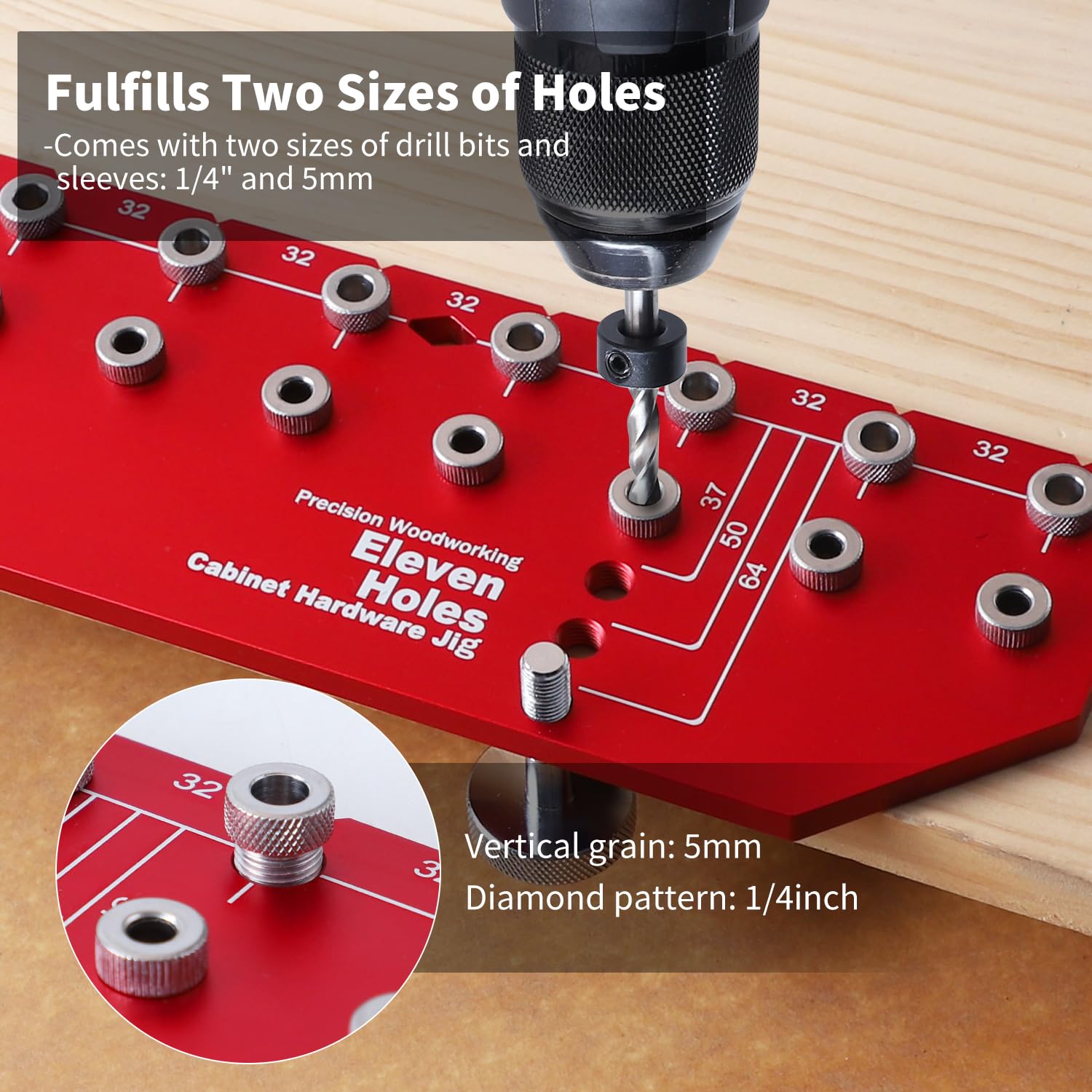 RUITOOL Shelf Pin Jig 11 Holes, Self-contained Clamping Function All Metal Shelf Pin Drilling Jig with 1/4" and 5mm Drill Bit, Shelf Hole Jig and Cabinet Hardware Jig Tool Drill Guide with Storage Bag - Image 4