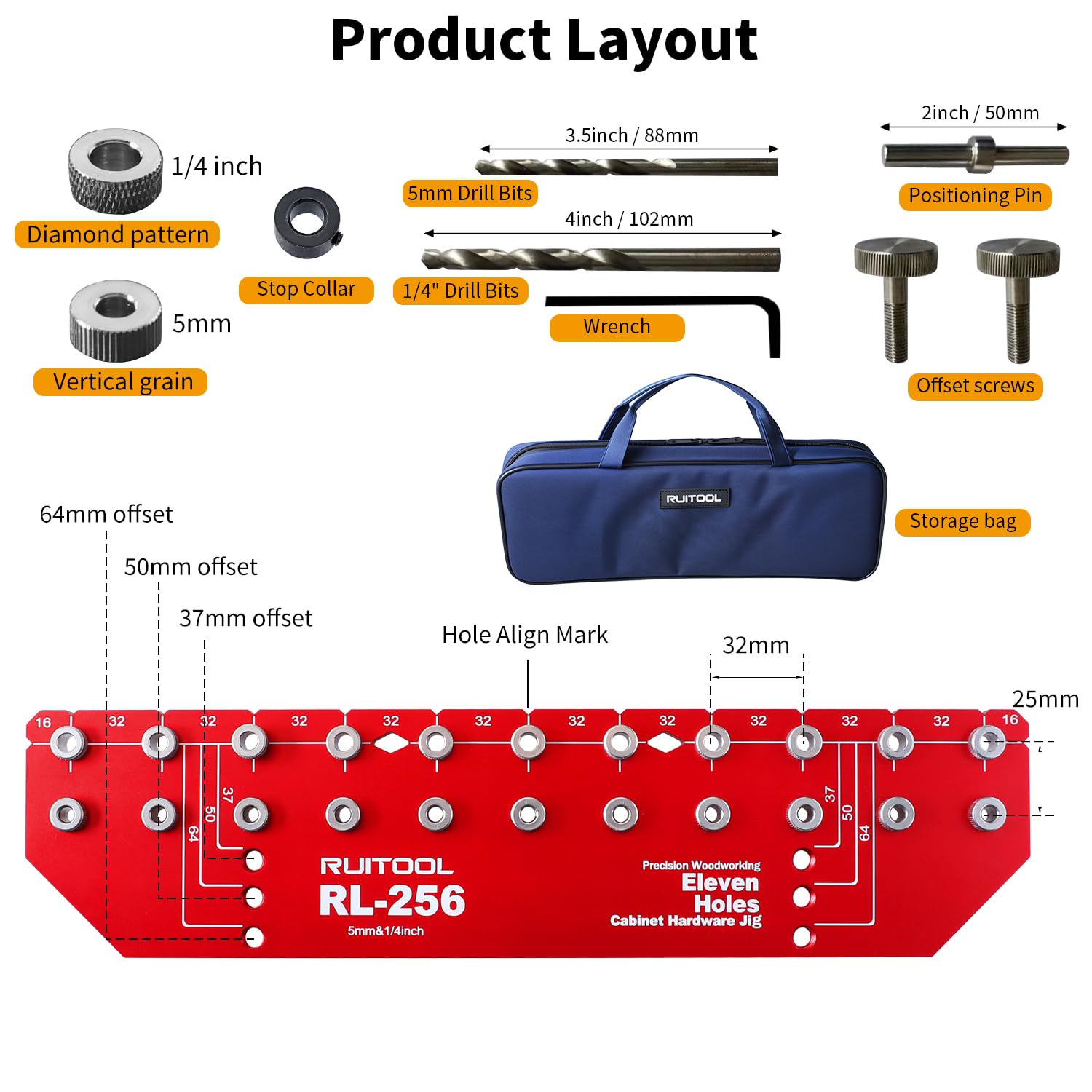 RUITOOL Shelf Pin Jig 11 Holes, Self-contained Clamping Function All Metal Shelf Pin Drilling Jig with 1/4" and 5mm Drill Bit, Shelf Hole Jig and Cabinet Hardware Jig Tool Drill Guide with Storage Bag - Image 5
