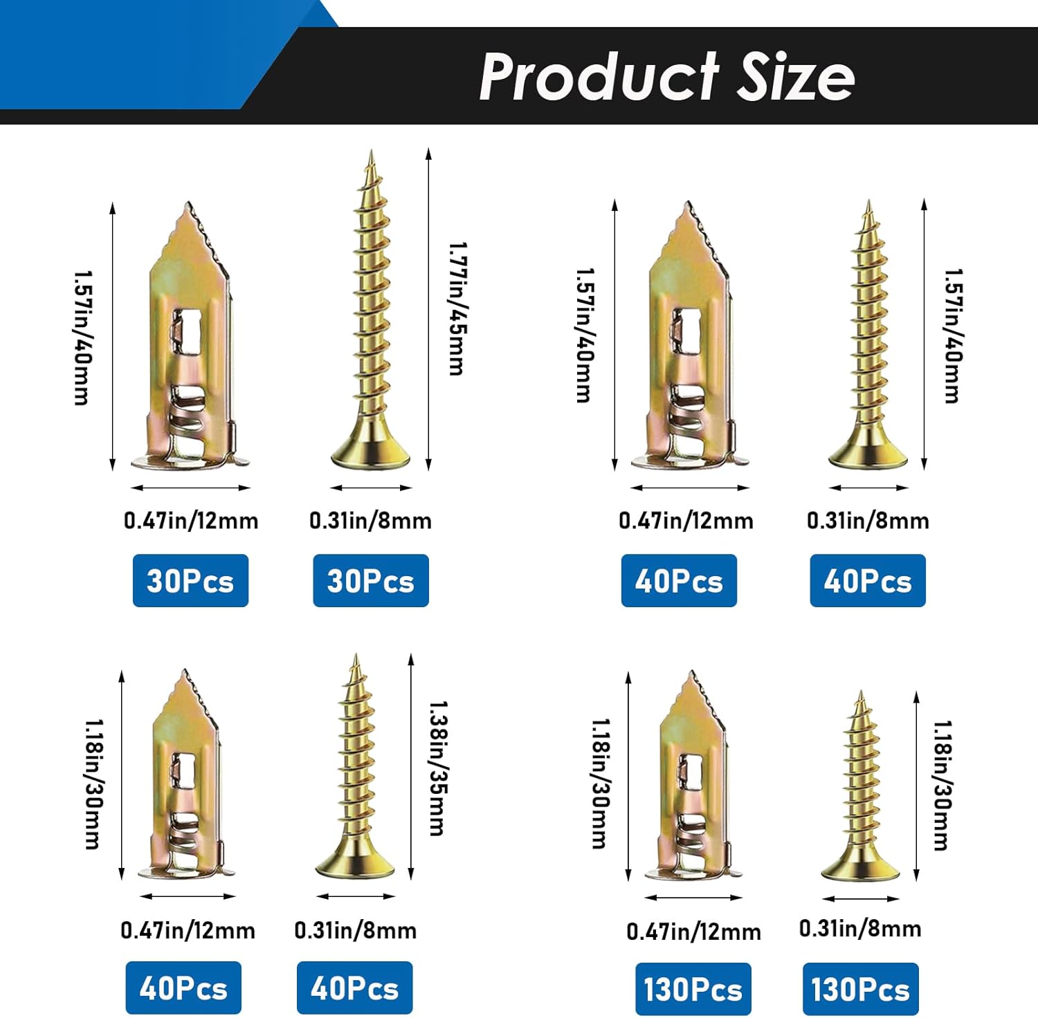 Eoppen 480Pcs Self Drilling Drywall Anchors with Screws Kit, 2 Sizes Sheetrock Anchors & 4 Sizes Expansion Screws, Zinc Plated Steel Drywall Anchors No Drilling Required Holds Up to 66lbs