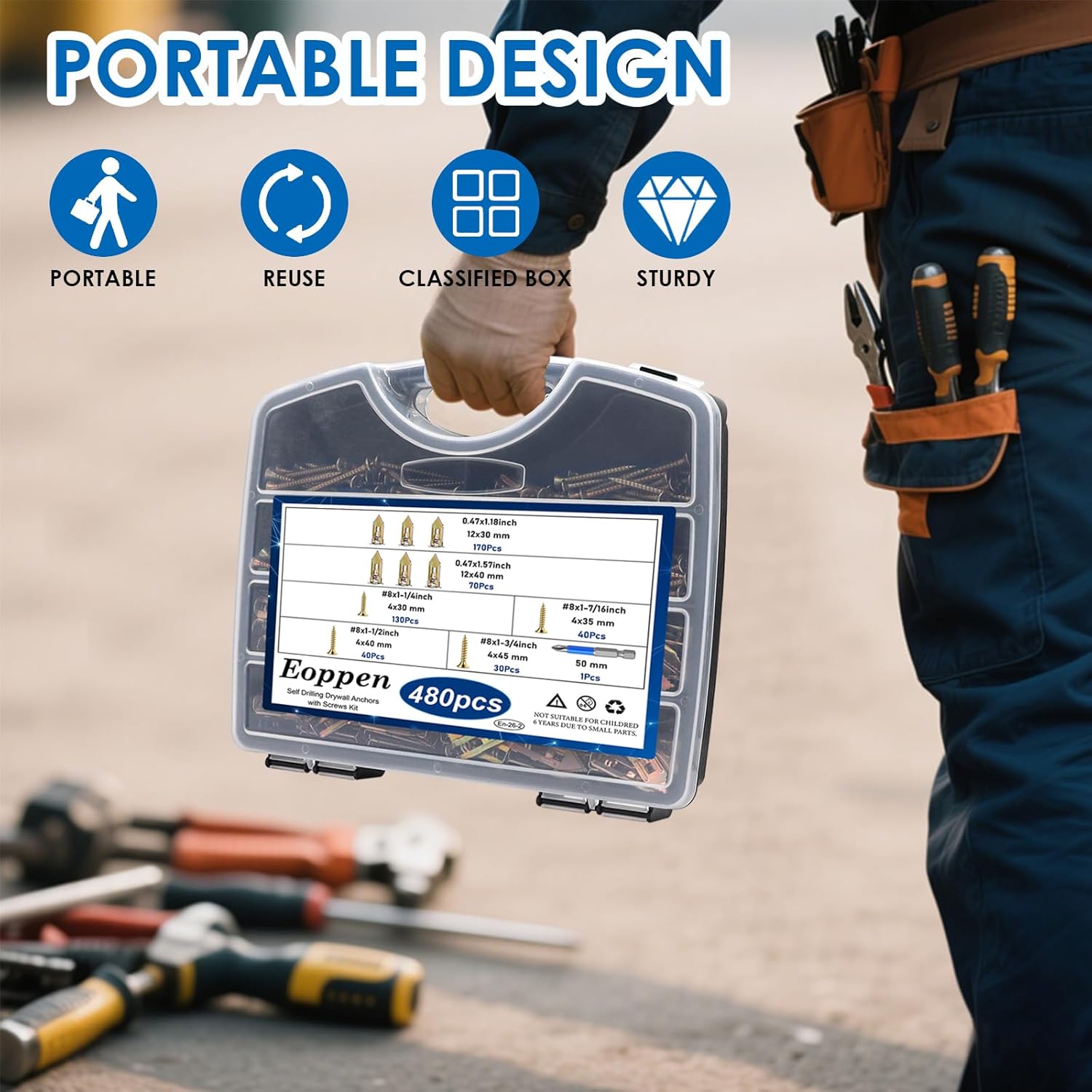 Eoppen 480Pcs Self Drilling Drywall Anchors with Screws Kit, 2 Sizes Sheetrock Anchors & 4 Sizes Expansion Screws, Zinc Plated Steel Drywall Anchors No Drilling Required Holds Up to 66lbs - Image 2