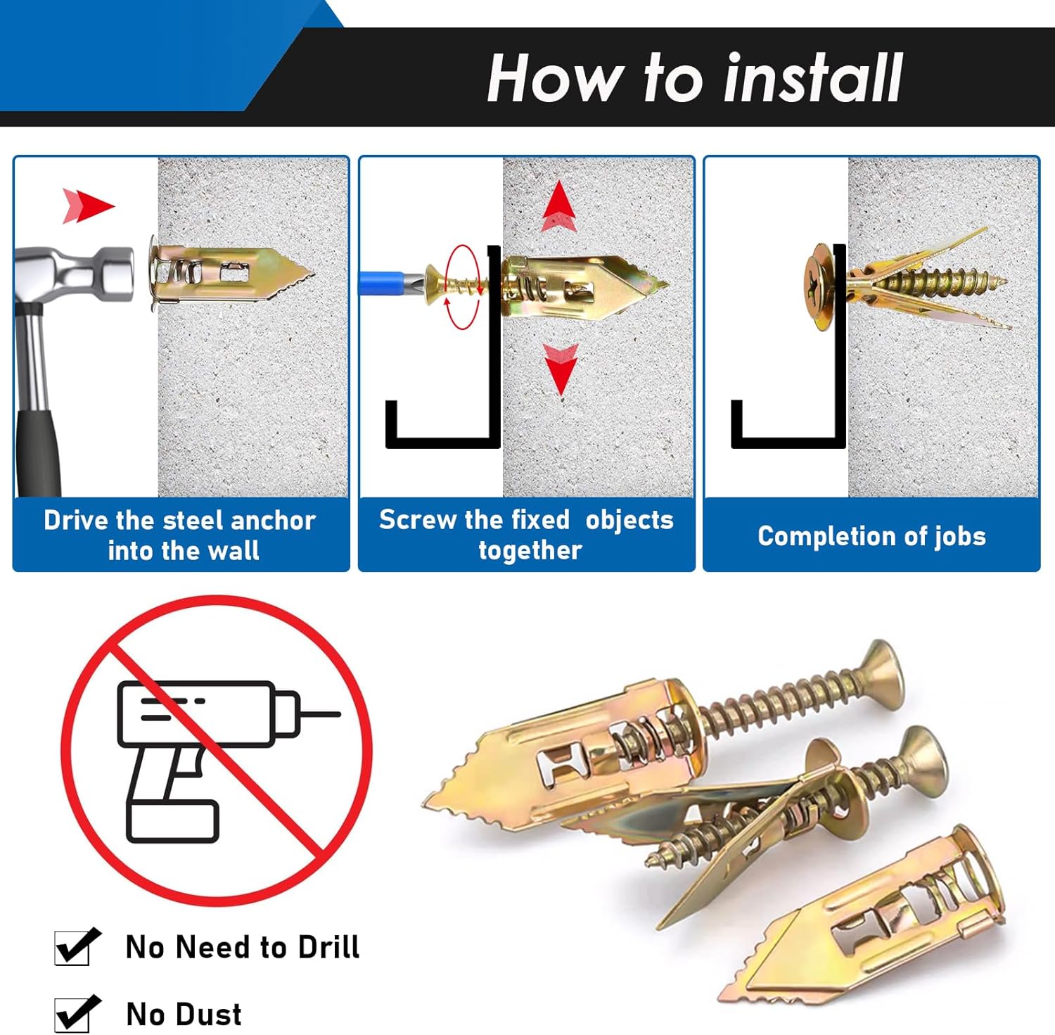 Eoppen 480Pcs Self Drilling Drywall Anchors with Screws Kit, 2 Sizes Sheetrock Anchors & 4 Sizes Expansion Screws, Zinc Plated Steel Drywall Anchors No Drilling Required Holds Up to 66lbs - Image 4