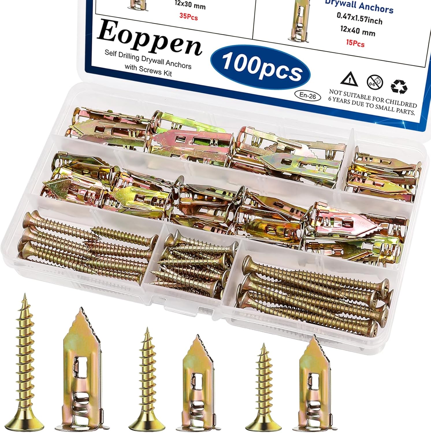 Eoppen 480Pcs Self Drilling Drywall Anchors with Screws Kit, 2 Sizes Sheetrock Anchors & 4 Sizes Expansion Screws, Zinc Plated Steel Drywall Anchors No Drilling Required Holds Up to 66lbs - Image 7