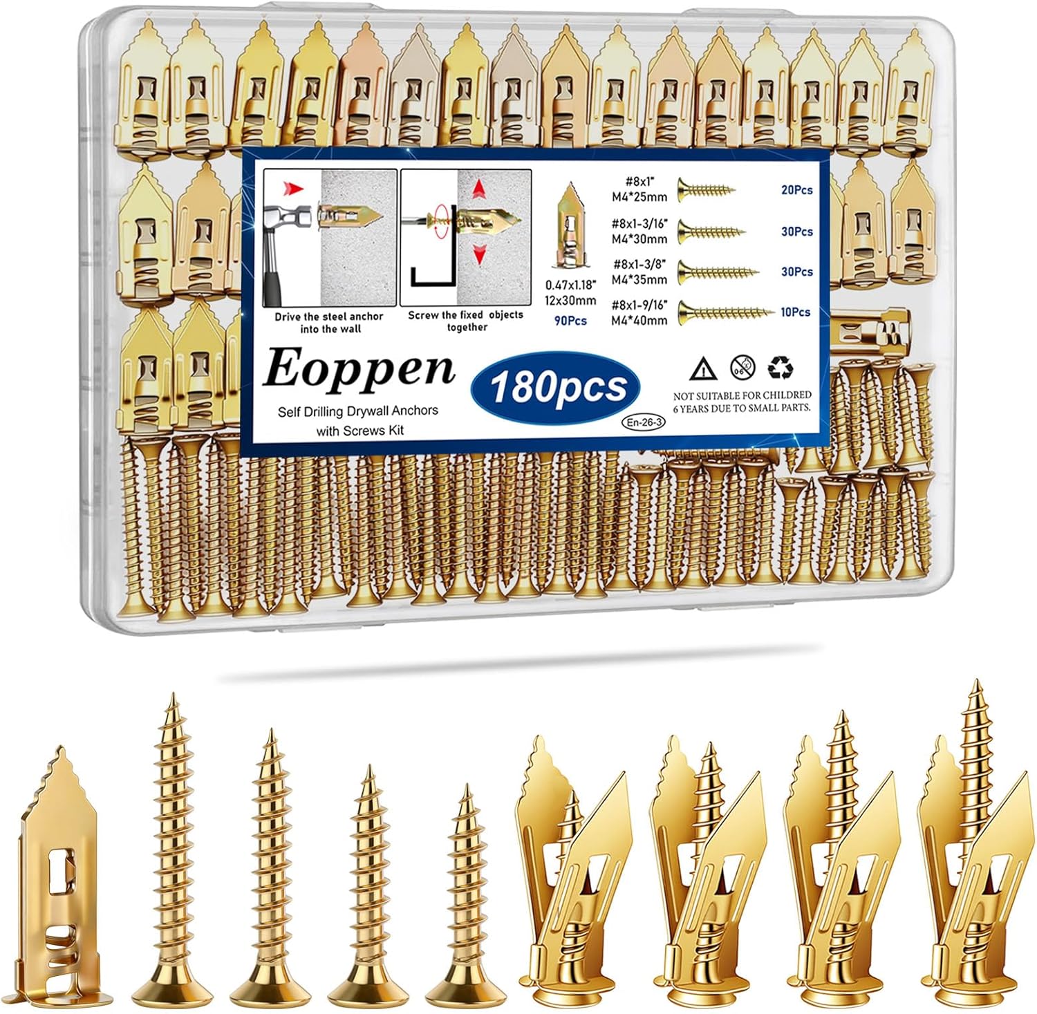 Eoppen 480Pcs Self Drilling Drywall Anchors with Screws Kit, 2 Sizes Sheetrock Anchors & 4 Sizes Expansion Screws, Zinc Plated Steel Drywall Anchors No Drilling Required Holds Up to 66lbs - Image 8