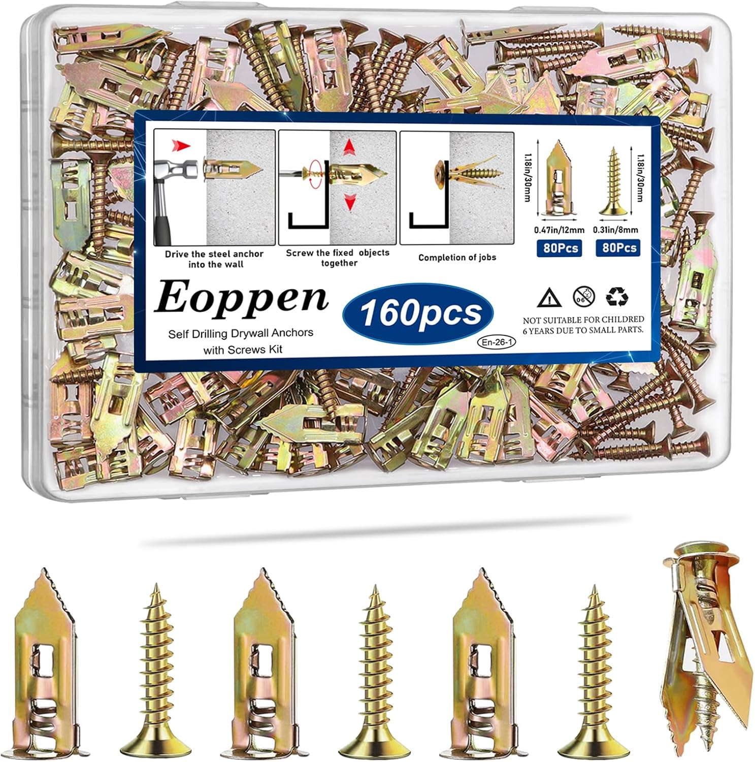 Eoppen 480Pcs Self Drilling Drywall Anchors with Screws Kit, 2 Sizes Sheetrock Anchors & 4 Sizes Expansion Screws, Zinc Plated Steel Drywall Anchors No Drilling Required Holds Up to 66lbs - Image 9