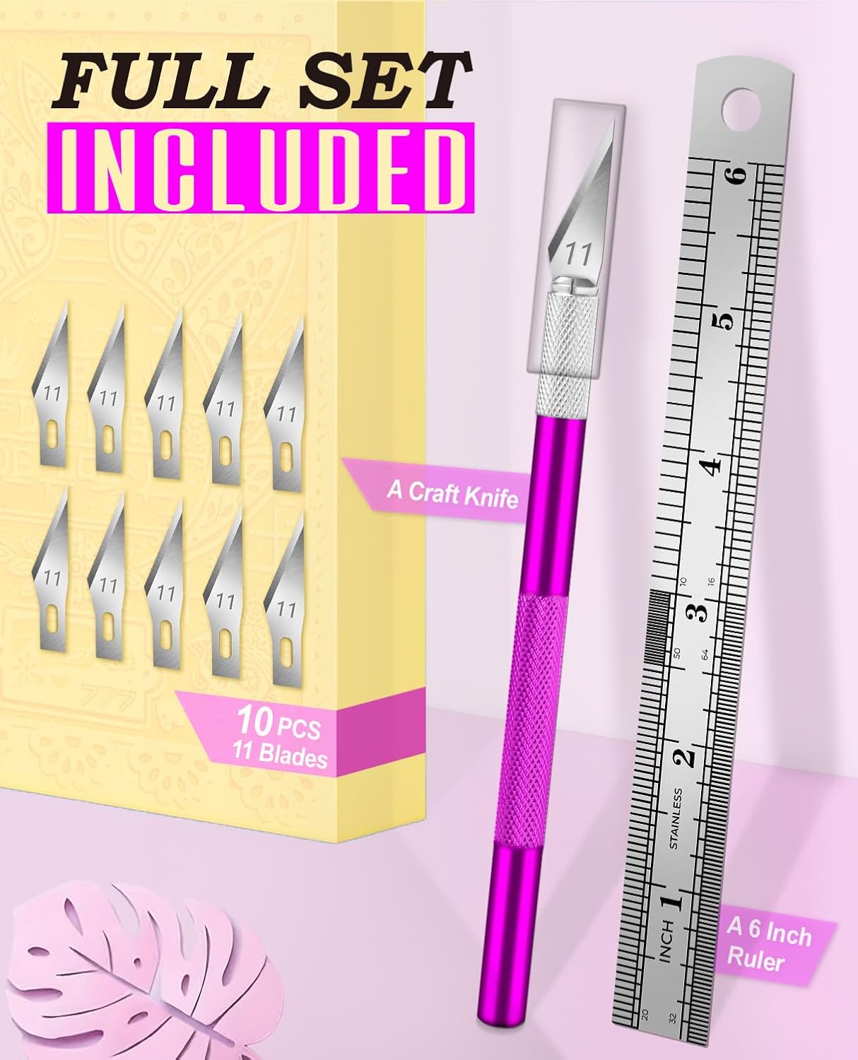 DIYSELF 1 Pcs Craft Knife Hobby Knife with 11 Pcs Stainless Steel Blade Kit, 1pcs Steel 15CM Ruler for Art, Scrapbooking, Stencil (Purple)