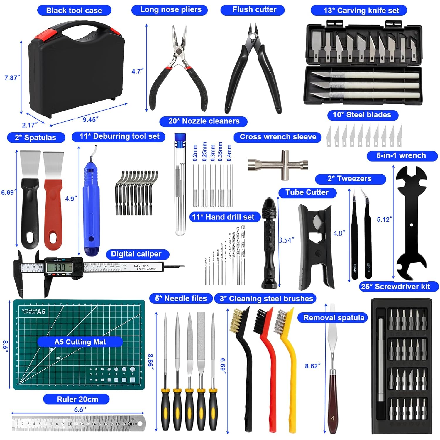 112 PCS 3D Printing Tool Kit, 3D Printer Accessories with Nozzle Cleaning Kit, Deburring Tool, Digital Caliper, Pliers, Wrench Set, Cutting Mat, Tool Bag, for 3D Print Removing, Cleaning, Finishing