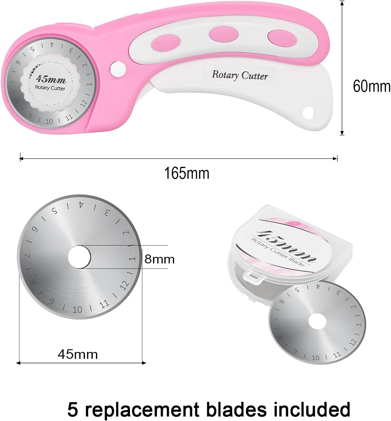 45mm Rotary Cutter with 5pcs Extra Blades, Ergonomic Handle Rolling Cutter with Safety Lock for Fabric, Leather, Crafting, Sewing, Quilting, Fabric Rotary Cutter Perfect for Left & Right Hand(Pink) - Image 2