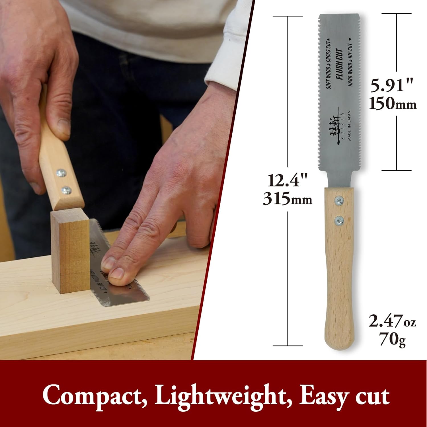 SUIZAN Flush Cut Saw 6" - Professional Japanese Pullsaw Ryoba Double Edge Handsaw Woodworking Tools