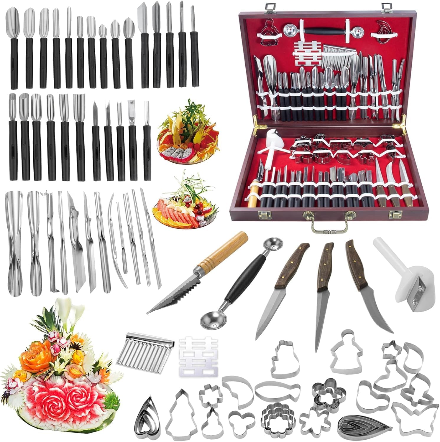 80-Piece Stainless Steel Fruit Carving Tools Set - Professional Watermelon Carving Knife Kit with Ergonomic Handles & Portable Case, Durable Fruit Cutting Tools for Culinary Arts, Sculpting, Peeling - Image 7