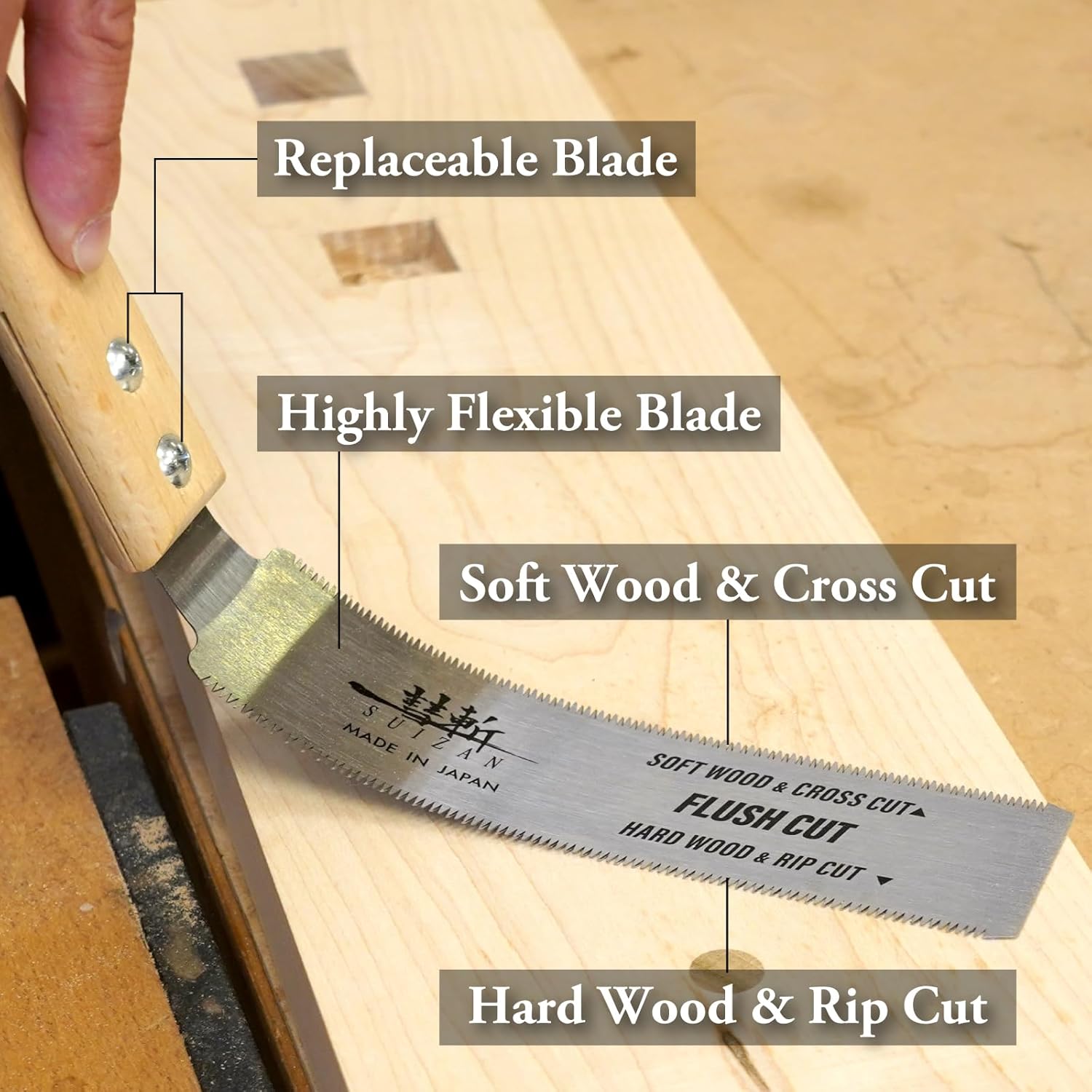 SUIZAN Flush Cut Saw 6" - Professional Japanese Pullsaw Ryoba Double Edge Handsaw Woodworking Tools - Image 5
