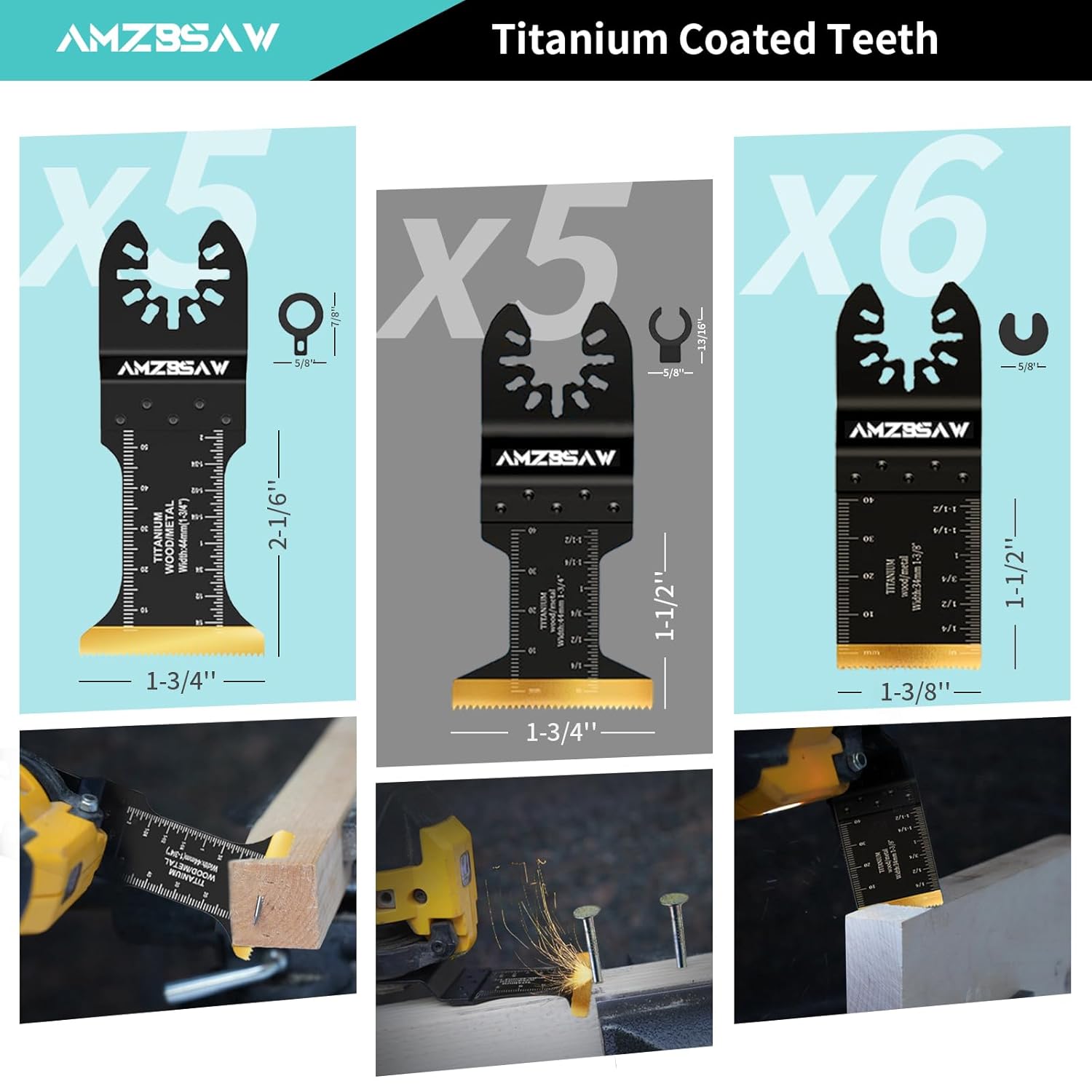 AMZBSAW 16 PCS Titanium Oscillating Saw Blades Metal Cutting, Multitool Blades for Soft Metal Nails Hard Material and Wood Plastic, Multi Tool Blades Kits Fit Dewalt Ryobi Bosch Milwaukee
