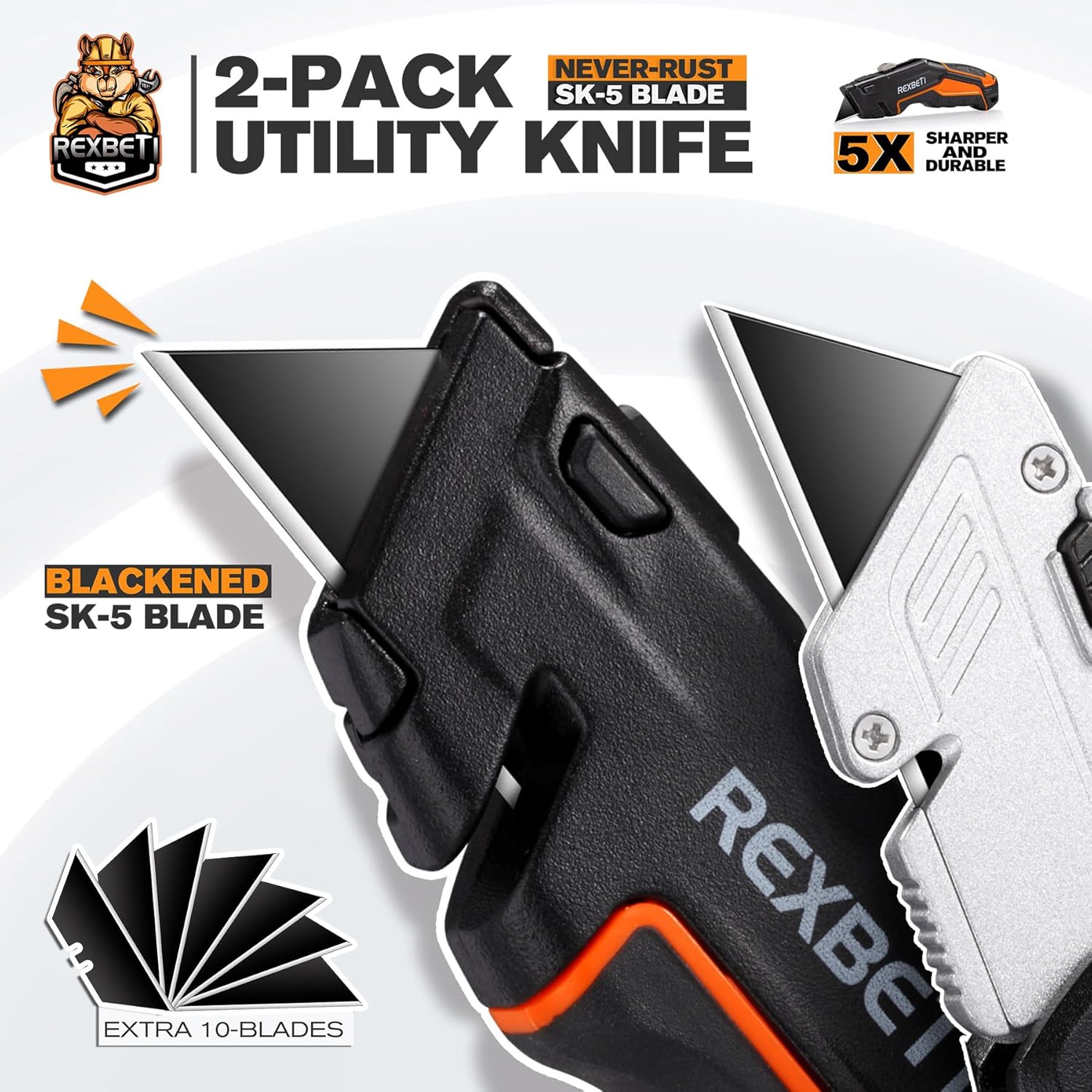REXBETI 2-Pack Utility Knife, SK5 Heavy Duty Retractable Box Cutter for Cartons, Cardboard and Boxes, Blade Storage Design, Extra 10 Blades Included（Total 18 Blades）