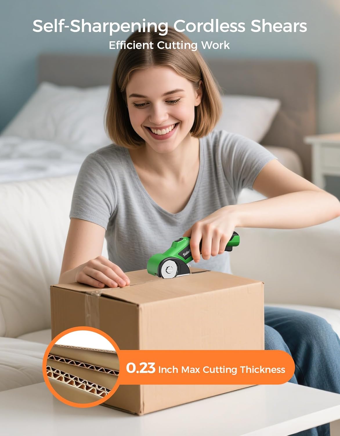 Cardboard Cutter, Rechargeable Cordless Electric Scissors, 4V Upgrade Motor Electric Box Cutter with 2 Blades, Safety Lock & LED Light, Powerful Cutting for Cardboard Box, Plastic, Leather