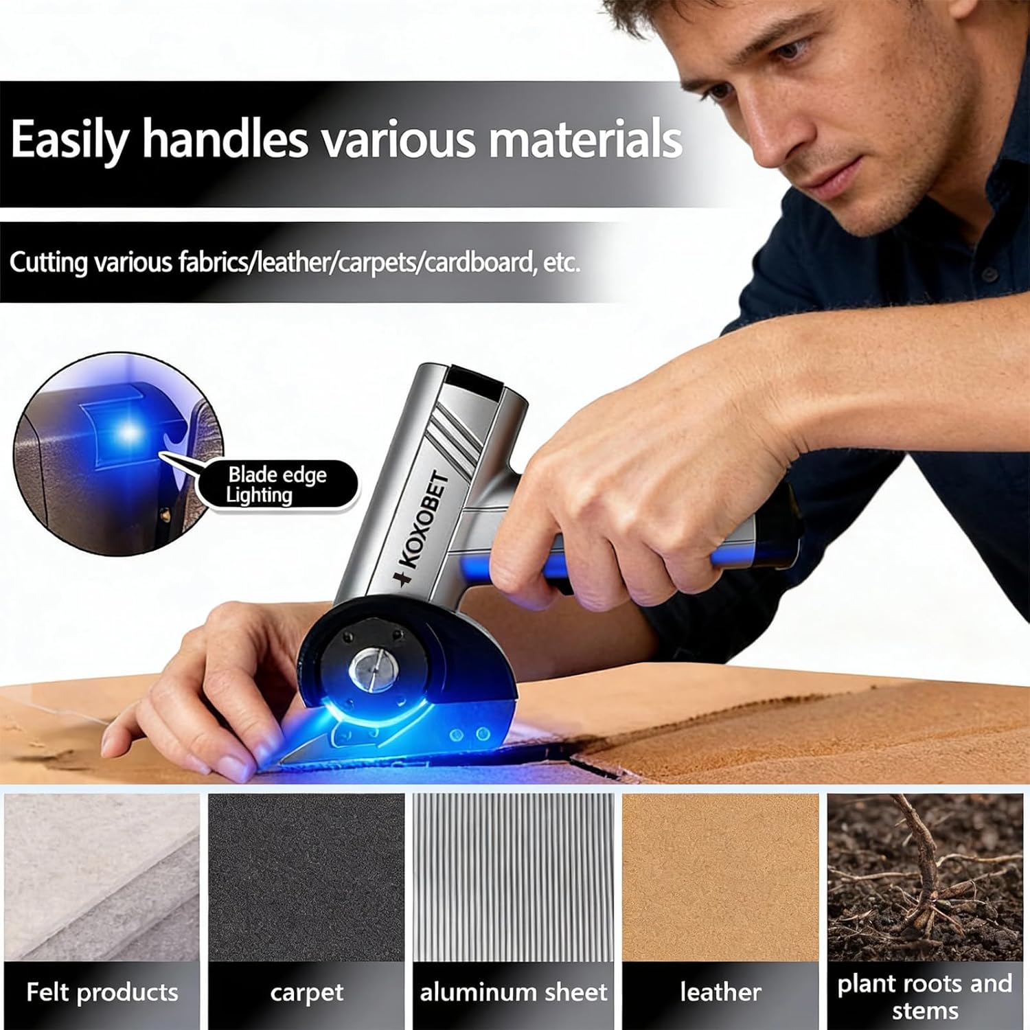 2026 Upgrade 4.2V Cordless Cutting Tool, Cardboard Cutter with LED Display, Brushless Motor, Tungsten Steel 3 Blades, Electric Chop Saw for Fabric, Cardboard, Leather, Carpet- Silver