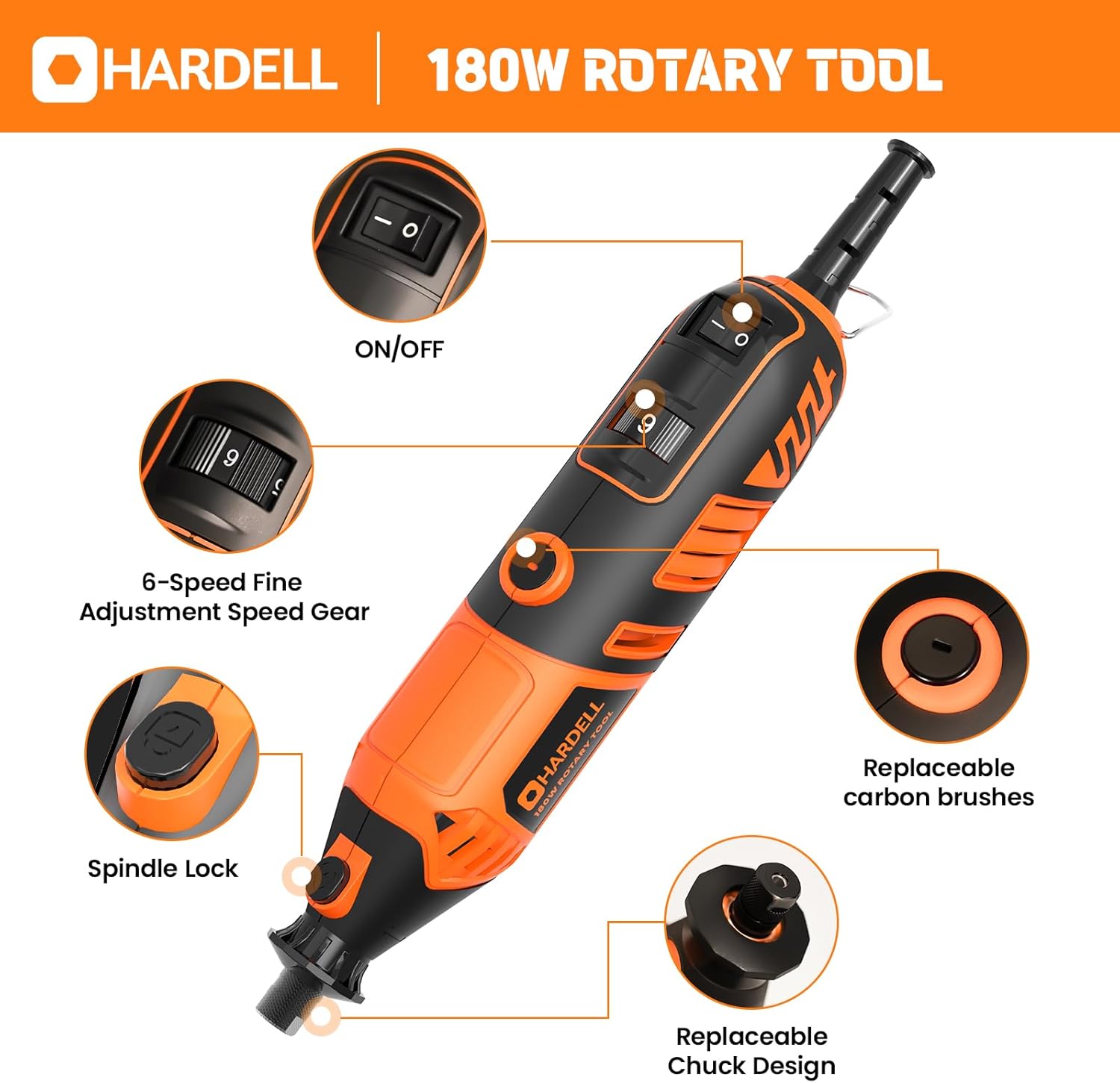 HARDELL Rotary Tool Kit - 180W Corded Power Rotary Tool 6 Variable Speeds with 61 Accessories, 8000-35000RPM, for Sanding, Polishing, Cutting, Engraving,Carving, DIY Crafts (Orange)