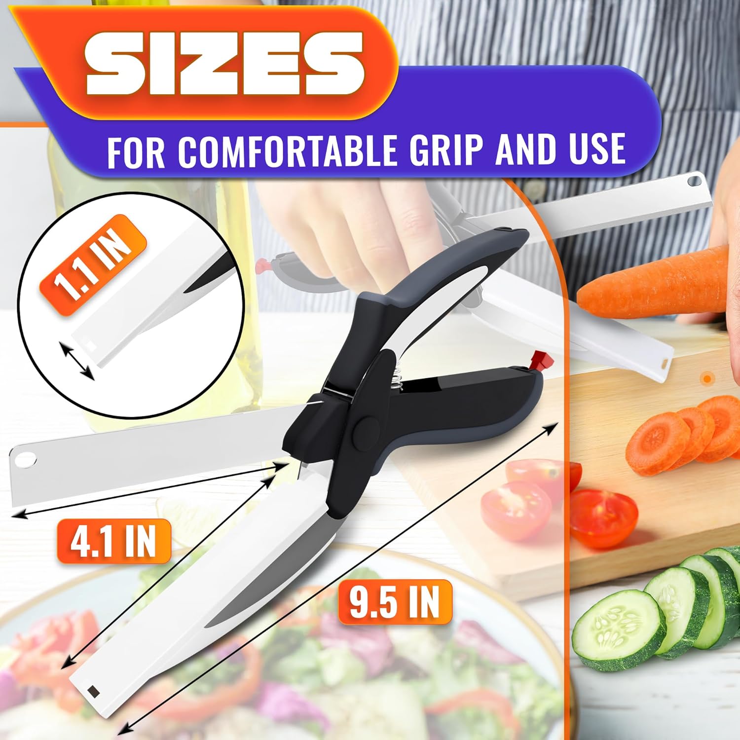 2 in 1 Kitchen Scissors for Food u2013 Stainless Steel Blade & Plastic Cutting Board Scissors with Safety Lock | 9.6" Tomato Knife, Fruit & Vegetable Cutter u2013 Easy-to-Use Kitchen Shears for Meat, Cheese
