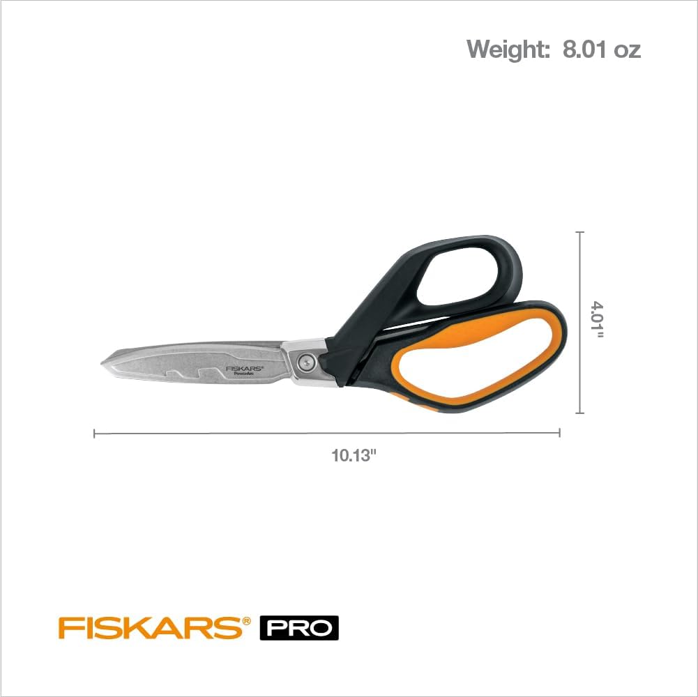 Fiskars Pro PowerArc Shop Shears, Heavy Duty Stainless Steel Scissor, Industrial Grade Tool for Building and Construction, 10 in, Orange/Black