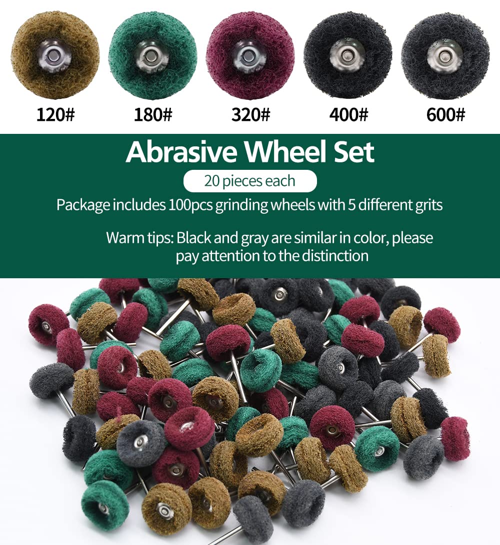 100pcs Abrasive Wheel, 1" Buffing Polishing Wheels, Metal Polishing Compound for Rotary Tools-1/8(3mm) Shank, 120 Grit, 180 Grit, 320 Grit, 400 Grit, 600 Grit