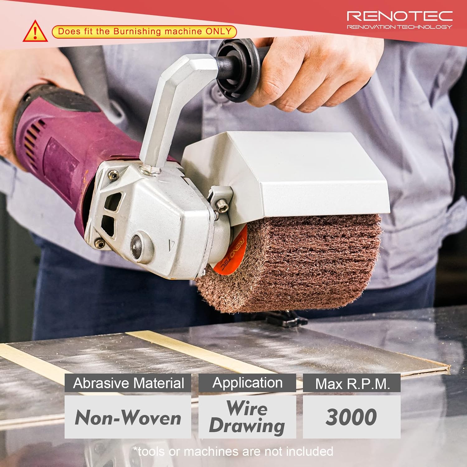 RENOTEC Non-Woven Wheel, 120x100mm, Italian Material, Wire Drawing Satin Finish of Metal Surface, Conditioning Drum Burnishing Wheel (80-240 Grit Set)