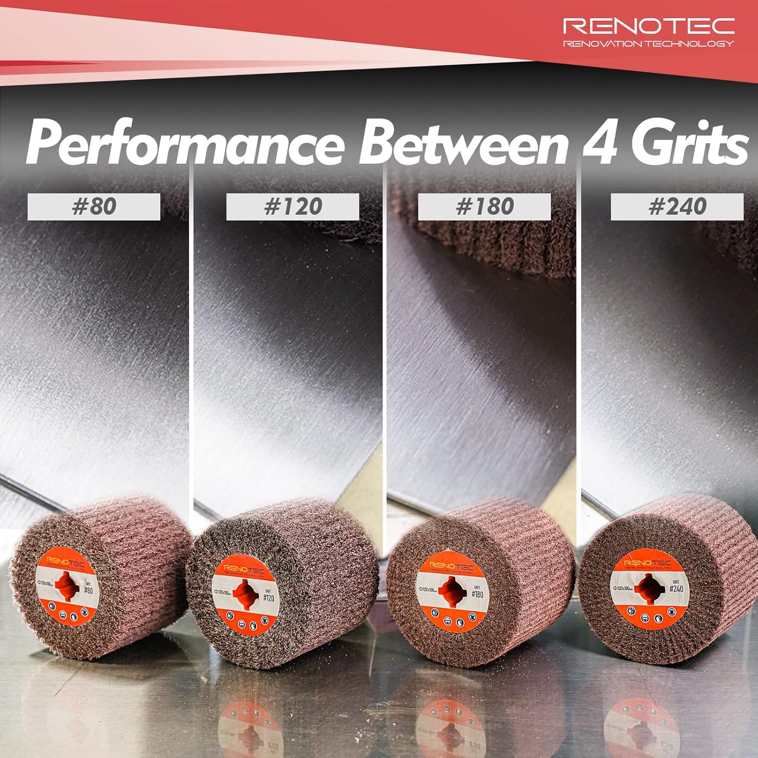 RENOTEC Non-Woven Wheel, 120x100mm, Italian Material, Wire Drawing Satin Finish of Metal Surface, Conditioning Drum Burnishing Wheel (80-240 Grit Set) - Image 3