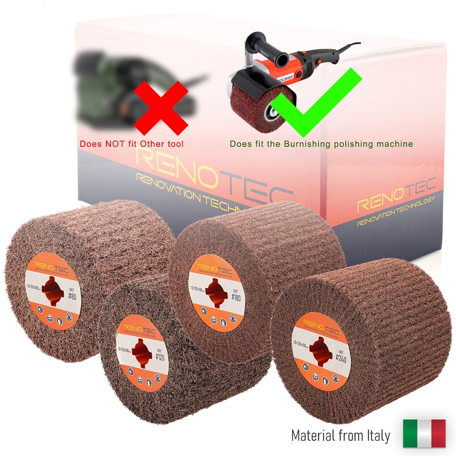 RENOTEC Non-Woven Wheel, 120x100mm, Italian Material, Wire Drawing Satin Finish of Metal Surface, Conditioning Drum Burnishing Wheel (80-240 Grit Set) - Image 5