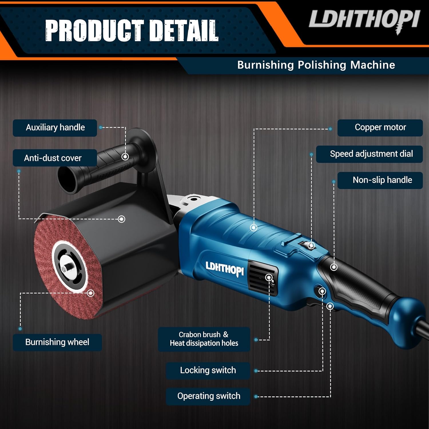 LDHTHOPI 1800W Burnishing Polishing Machine, 110V Handheld Electric Stainless Steel Polisher, 8 Variable Speed, 3100RPM for Metal, Stainless Steel, Wood - Image 6