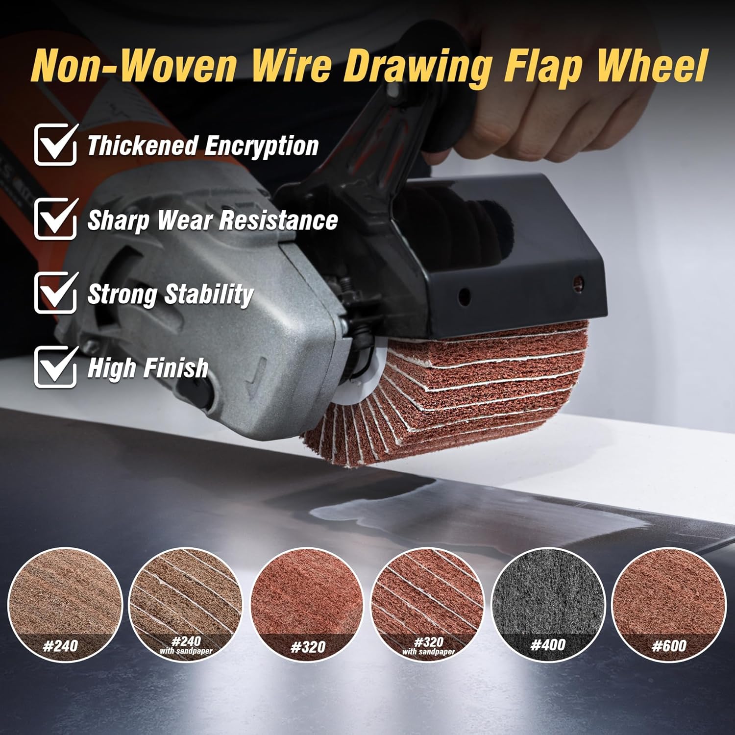 6 Pcs Non-Woven Wire Drawing Flap Wheel for Polishing Burnishing Wheels, 120x100mm 240/240SP/320/320SP/400/600 Grit for Stainless Steel, Copper and Surface Conditioning Wheel