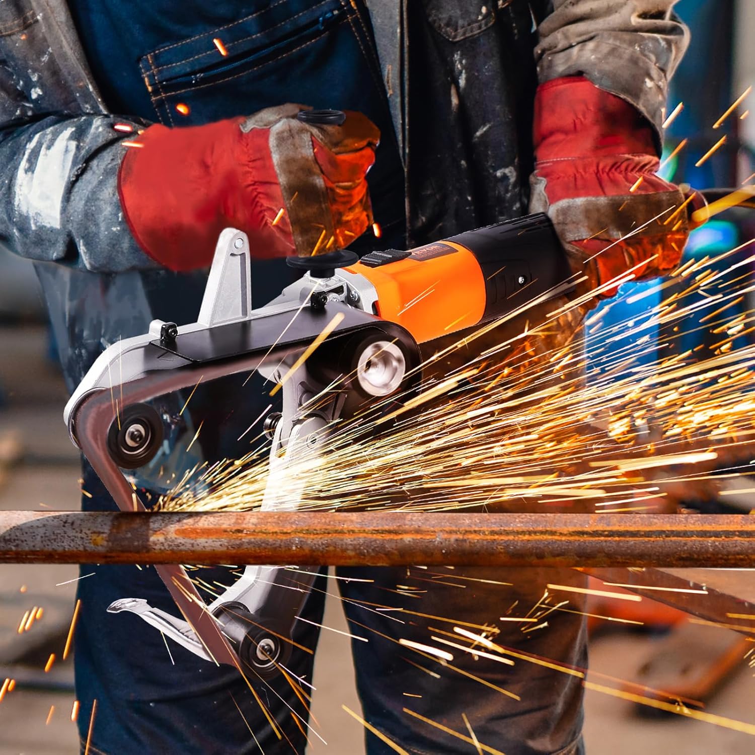 VEVOR 1000W Pipe Belt Sander, 6-Speed Tube Polisher 1100-3200rpm, Handheld Grinding Sanding Tool with 3PCS Sanding Belts, Ideal for Rust Burnishing Finishing Removal