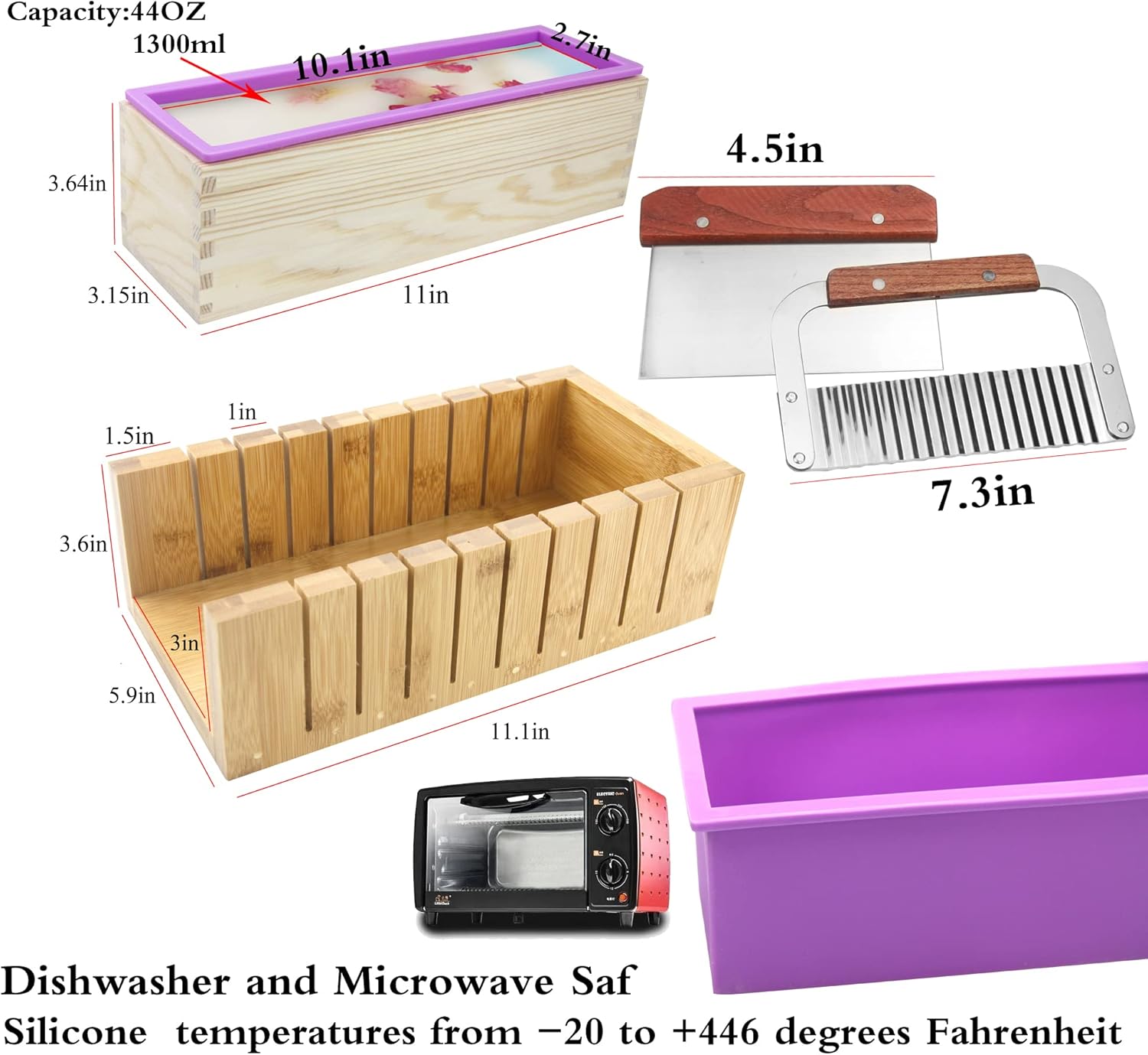 2 PCS Silicone soap molds Making Kit soap loaf bar Making molds (44oz Purple Pink Silicone) for Adults - Stainless Steel Wavy & Straight Slicer