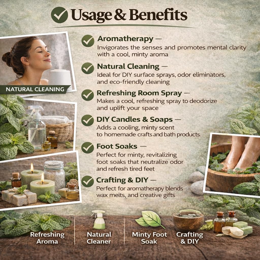 GreenHealth Peppermint Essential Oil u2013 16 fl oz | 100% Pure & Uncut | Heavy-Duty Plastic Jug | FDA Compliant, Space-Saving Container | for Aromatherapy, Soap, Candles, Cleaning, DIY