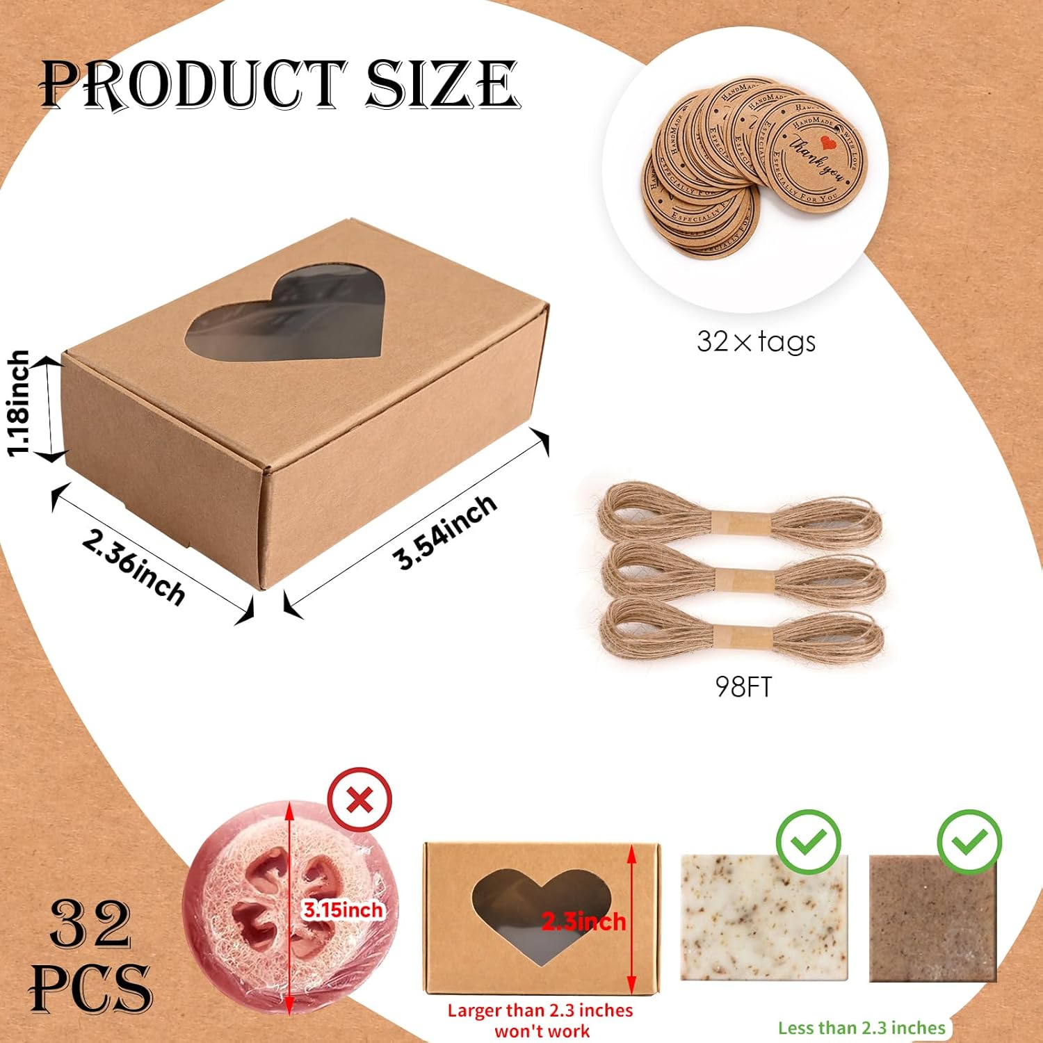 Moukiween 32 PCS Brown Soap Boxes for Homemade Soap, 3.54 X 2.36 X 1.18 Inch Soap Packaging Gift boxes with Window, Small Rectangular Soap Wrapping Boxes (Brown)