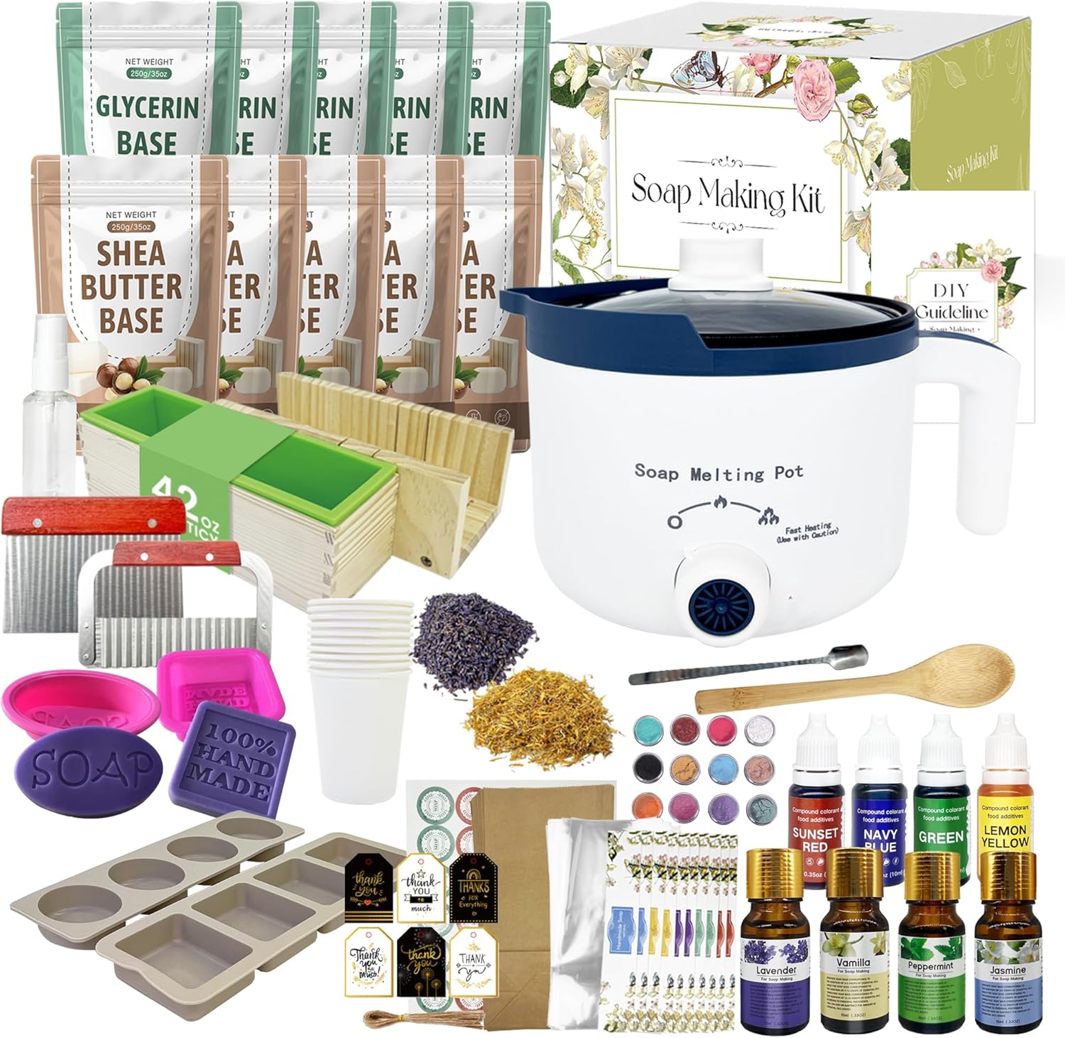 PIUH Deluxe Soap Making Kit for Soap Making, DIY Soaps Making Full Set Kits Includes Soap Melter, 4 lb Soap Base, 8 Essencial Oils, Silicone Loaf Molds & Scraper, Cutters, 8 Dyestuffs for Adults Gift - Image 8