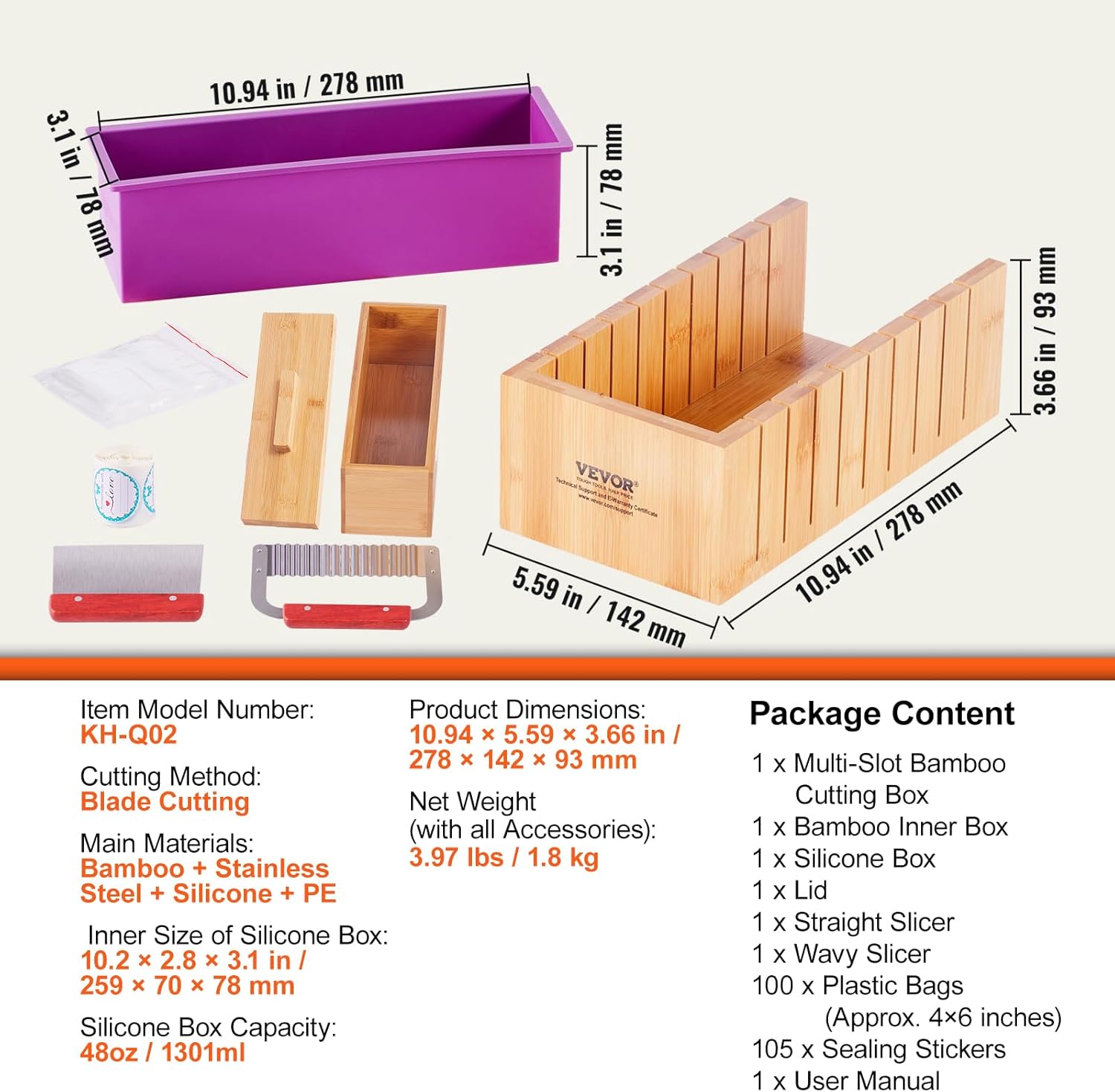 VEVOR Soap Making Kit, Bamboo Cutting Box and Inner Box with Silicone Mold, Stainless Steel Straight Cutter and Wavy Cutter, 100 Bags and 105 Stickers, Soap Making Supplies DIY Kits for Adults - Image 2